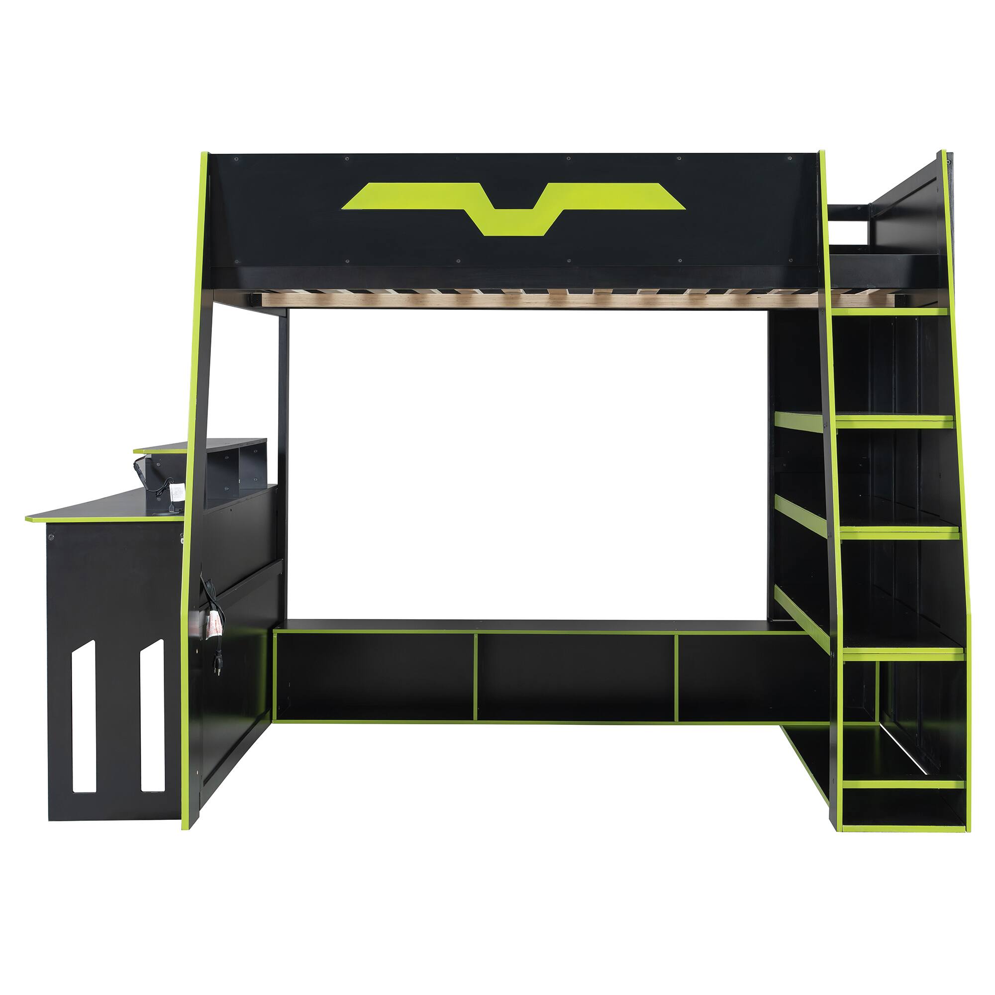 Back. Anysun - Full Size Wood Loft Bed with Desk, Multi-storage Shelves and RGB Light, Table with adjustable placement - Green.