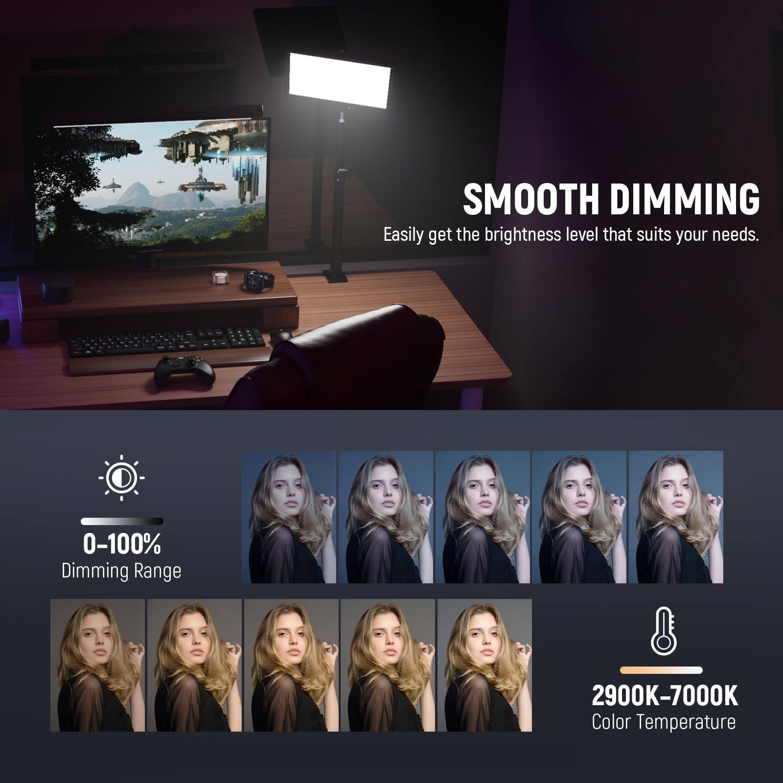 SMOOTH DIMMING  
Easily get the brightness level that suits your needs.  

0-100% Dimming Range  
2900K-7000K Color Temperature