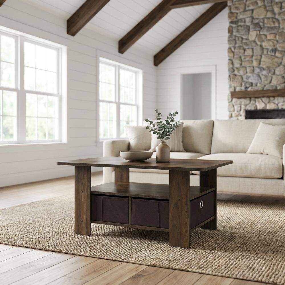 Angle. FurniFact - Columbia Walnut Dark Brown Coffee Table with Bin Drawer and Storage Compartment - Columbia Walnut/Dark Brown.
