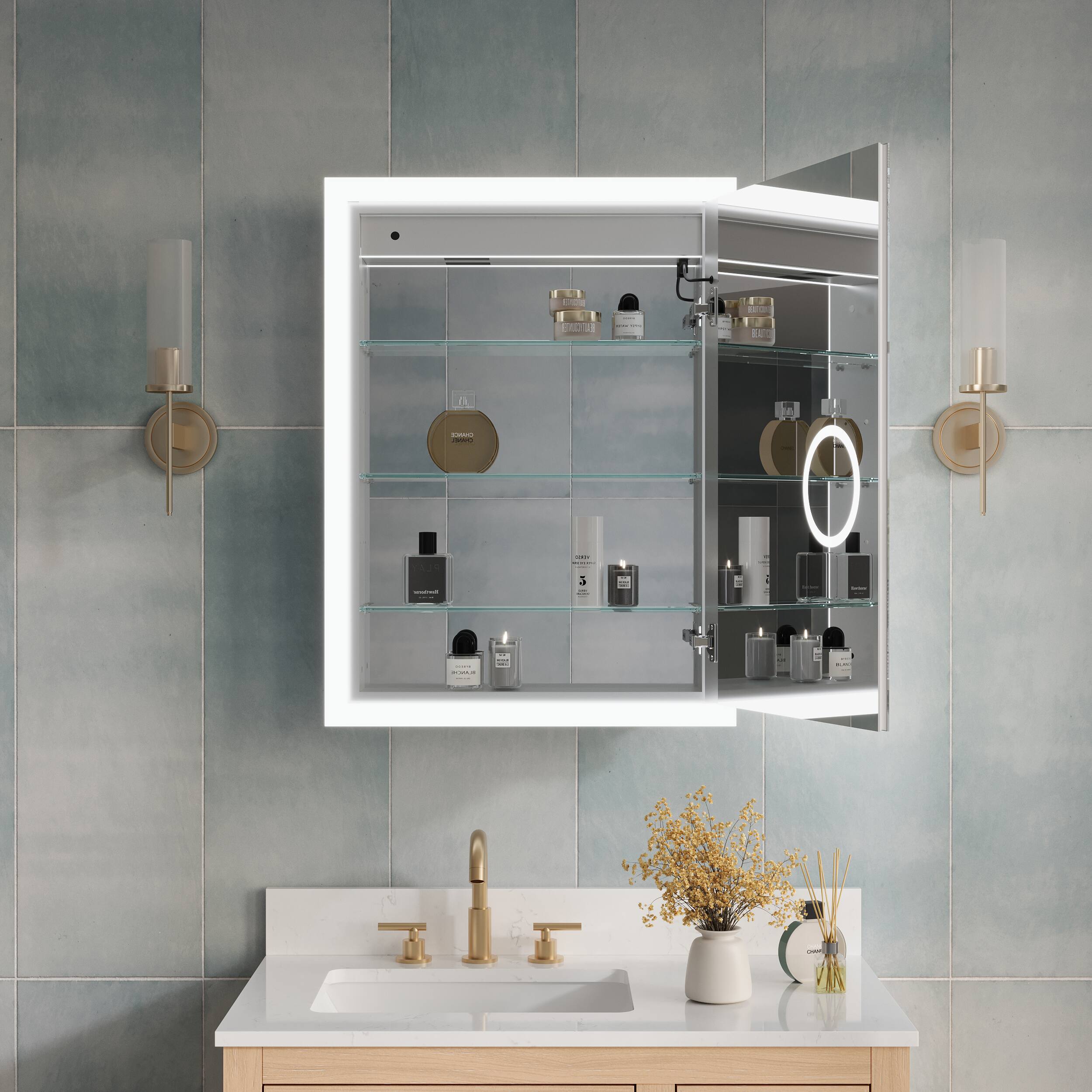 Back. WELLFOR - 24 in. W x 32 in. H Rectangular Surface or Recessed Mount Aluminum Medicine Cabinet with Mirror -Right Open - Silver.