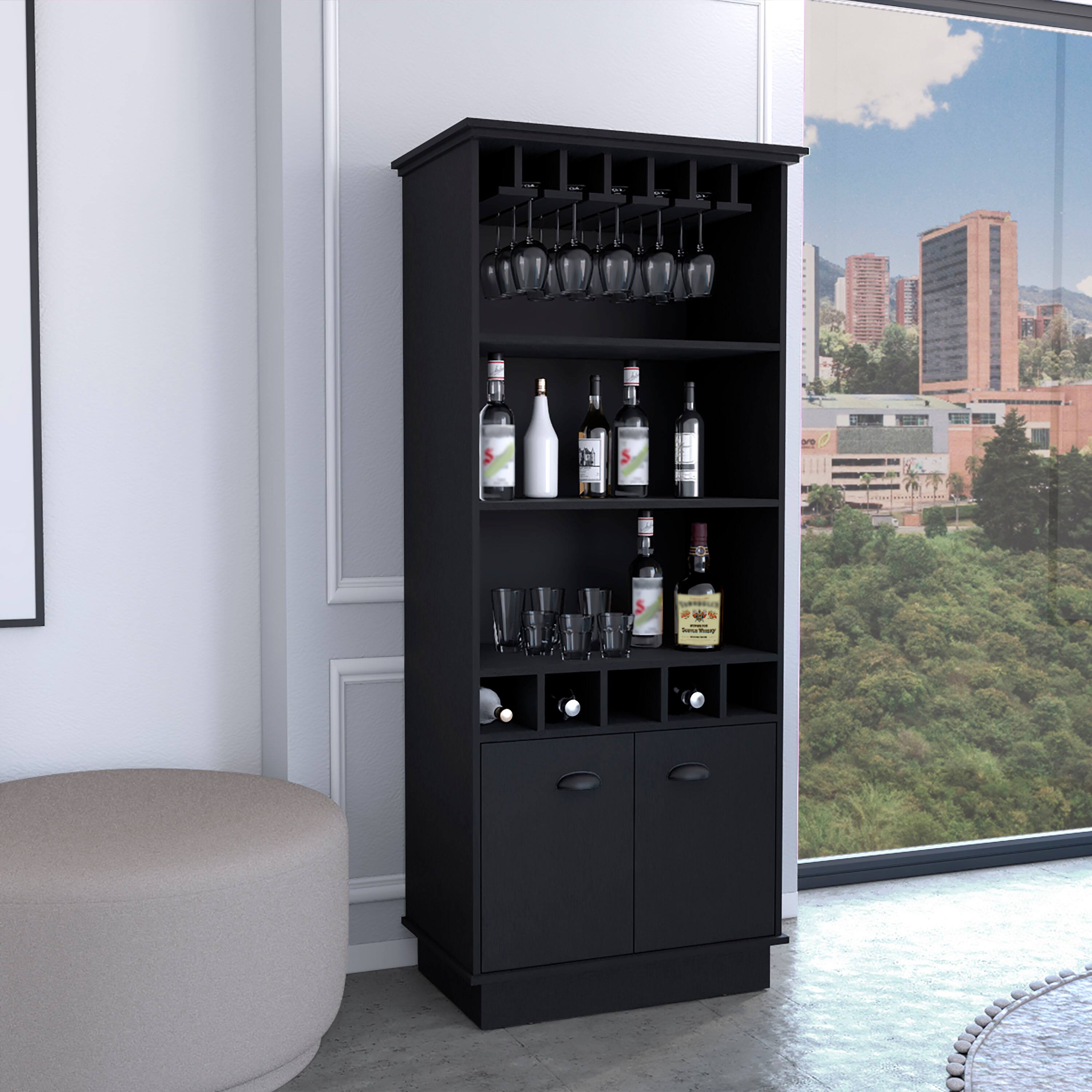 Angle. TuHome - Dundee 70-Inch High 10-Glass Bar Cabinet with 5 Cubbies and 3 Open Shelves and Cabinet - Black.