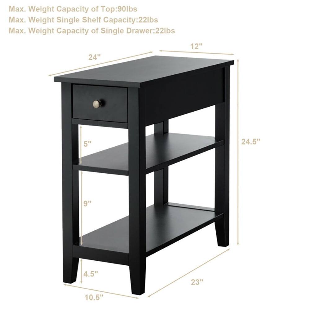 Max. Weight Capacity of Top: 90lbs  
Max. Weight Single Shelf Capacity: 22lbs  
Max. Weight Capacity of Single Drawer: 22lbs  

Dimensions:  
- Width: 24"  
- Depth: 12"  
- Height: 24.5"  
- Drawer Height: 5"  
- Shelf Height: 9"  
- Overall Height: 10.5"  
- Drawer Width: 23"