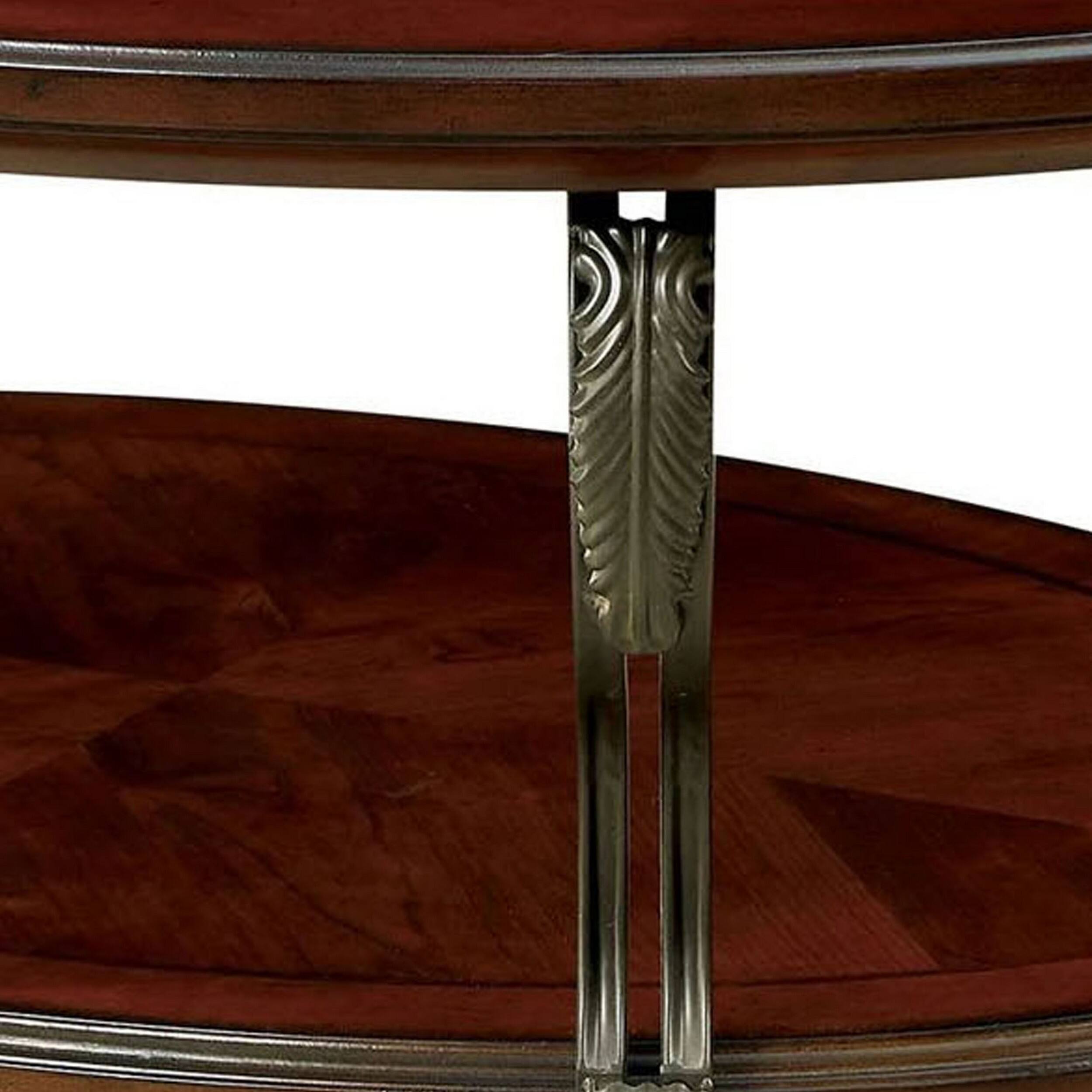 Alt View 2. Manhattan Lane - 48 Inch Oval Coffee Table, Glass Top, Scrolled Metal Legs, Cherry Brown - Brown.