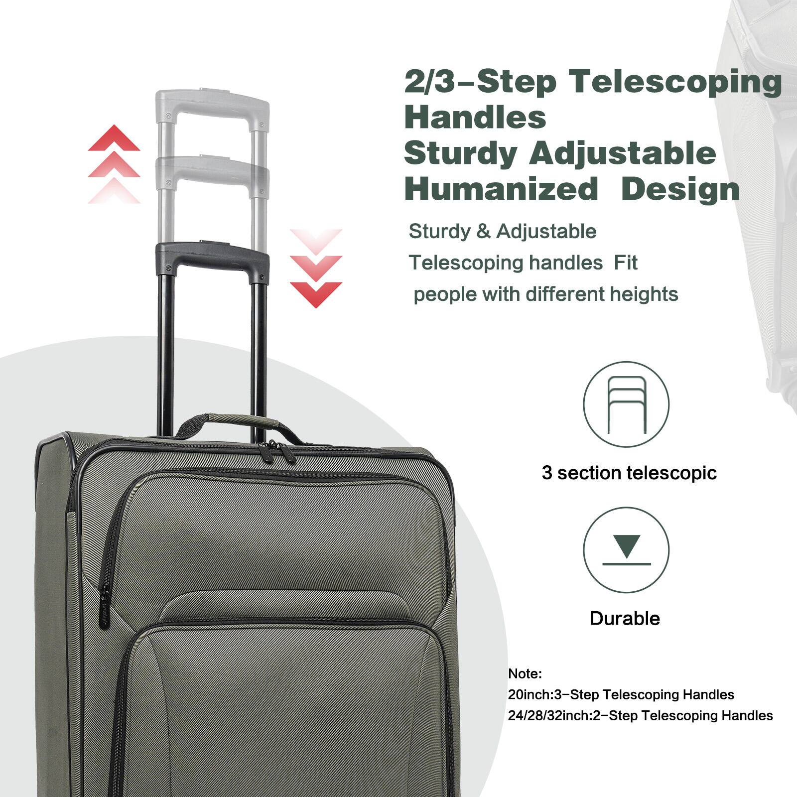 2/3-Step Telescoping Handles  
Sturdy Adjustable Humanized Design  
Sturdy & Adjustable Telescoping handles Fit people with different heights  
3 section telescopic  
Durable  

Note:  
20inch: 3-Step Telescoping Handles  
24/28/32inch: 2-Step Telescoping Handles