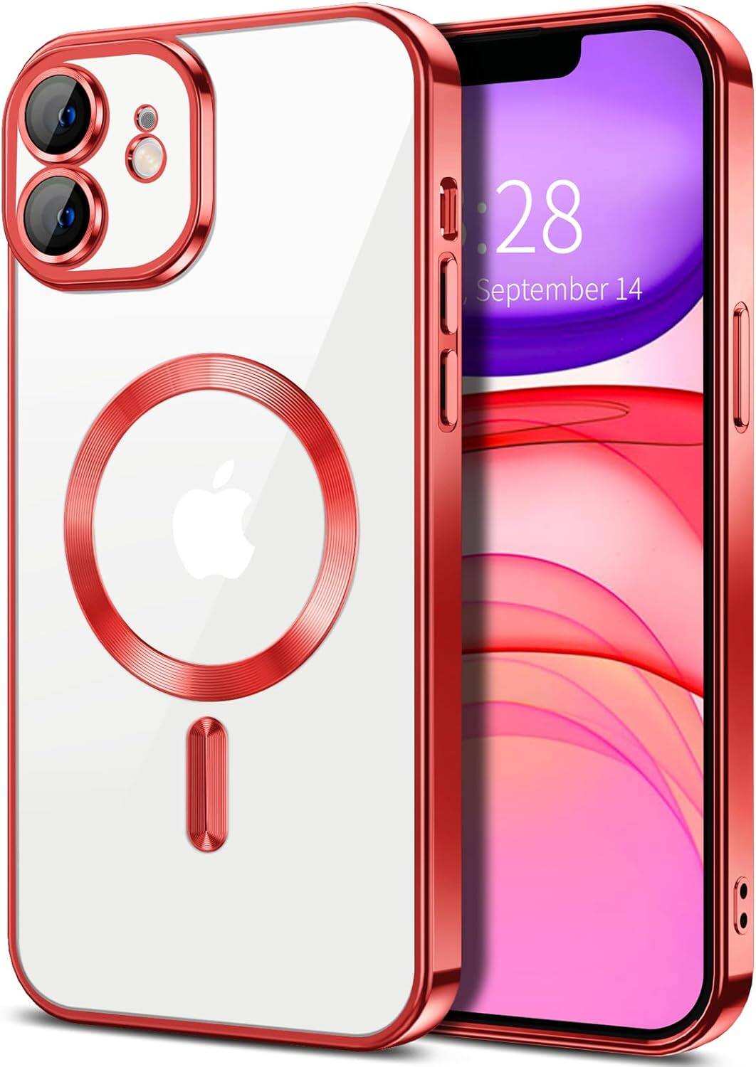 Entronix - Magnetic iPhone 11 Case - Clear Luxury Glossy Cover with Camera Protection - Red