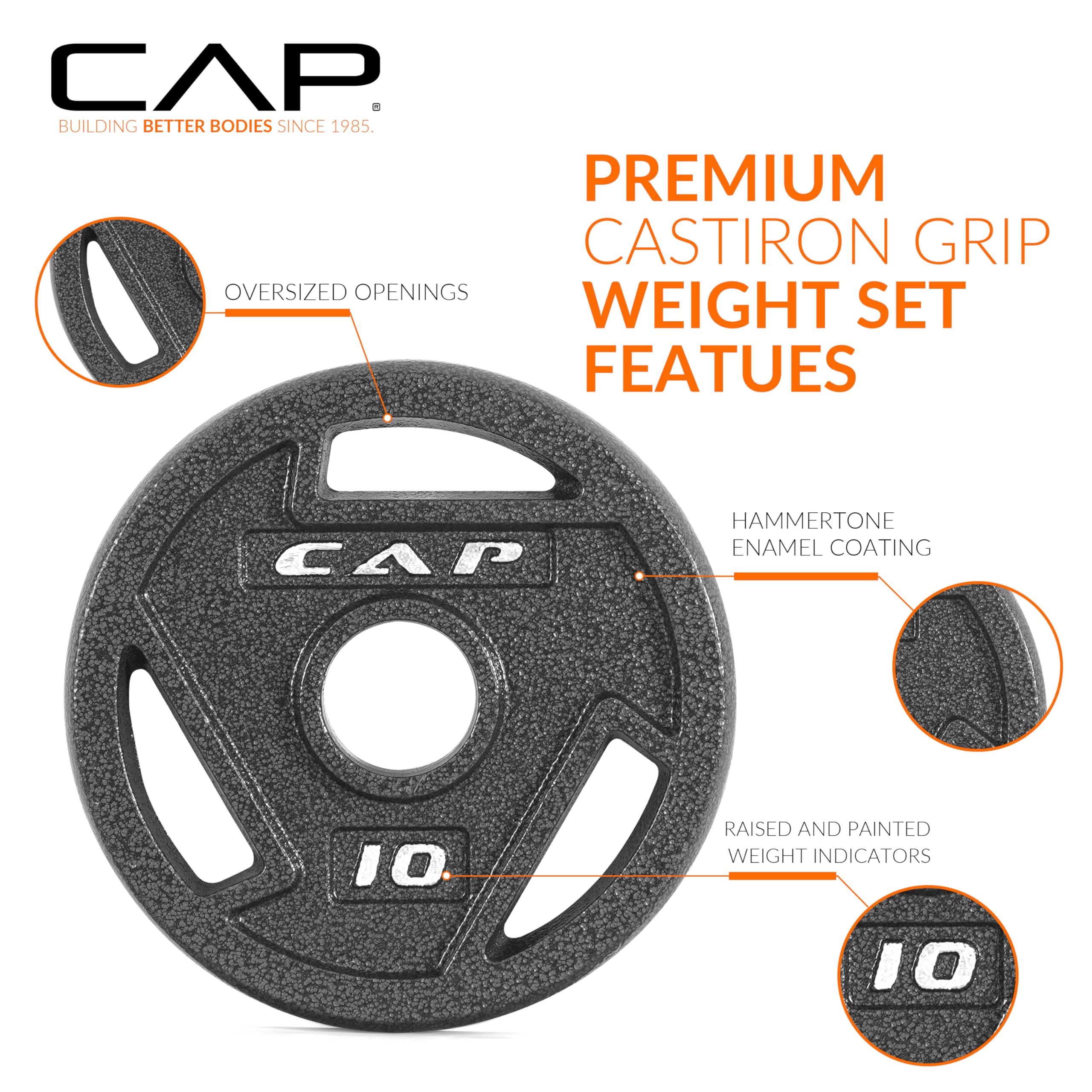 CAP  
BUILDING BETTER BODIES SINCE 1985.

PREMIUM CASTIRON GRIP WEIGHT SET FEATURES

- OVERSIZED OPENINGS
- HAMMERTONE ENAMEL COATING
- RAISED AND PAINTED WEIGHT INDICATORS