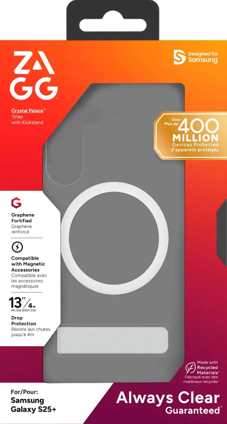 ZAGG Crystal Palace Snap with Kickstand Designed for Samsung Galaxy S25+

Protected by over 400 million devices

Graphene Fortified

Graphene reinforced

Compatible with magnetic accessories

137/4 4M Mil Std 810H 516 Drop Protection

Resistant to drops up to 4 meters

For/Pour: Samsung Galaxy S25+

Made with recycled materials

Always Clear Guaranteed