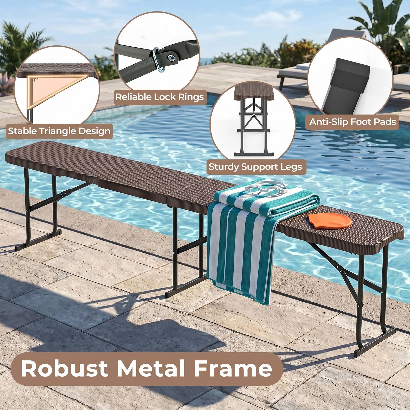 - Reliable Lock Rings
- Stable Triangle Design
- Anti-Slip Foot Pads
- Sturdy Support Legs
- Robust Metal Frame