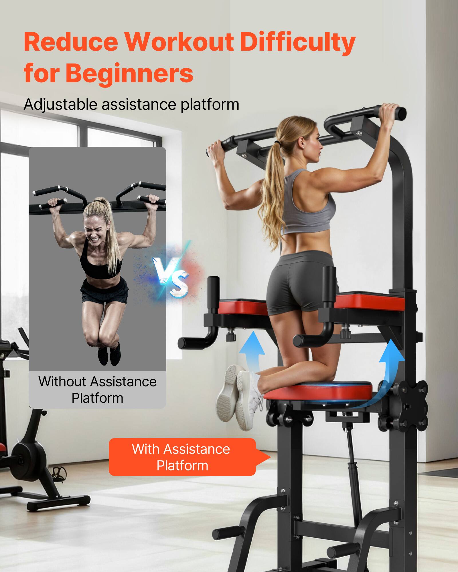 Reduce Workout Difficulty for Beginners

Adjustable assistance platform

Without Assistance Platform

With Assistance Platform