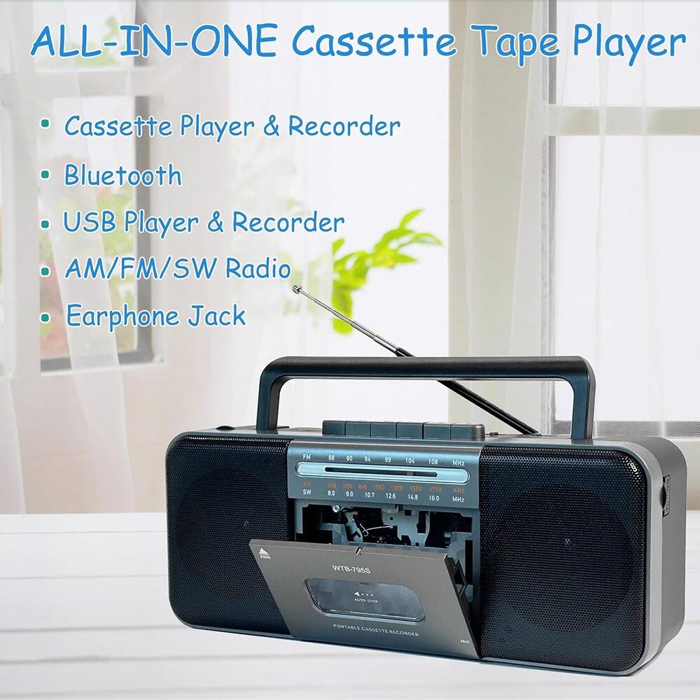 ALL-IN-ONE Cassette Tape Player

- Cassette Player & Recorder
- Bluetooth
- USB Player & Recorder
- AM/FM/SW Radio
- Earphone Jack

WTB-7958 PORTABLE CASSETTE RECORDER