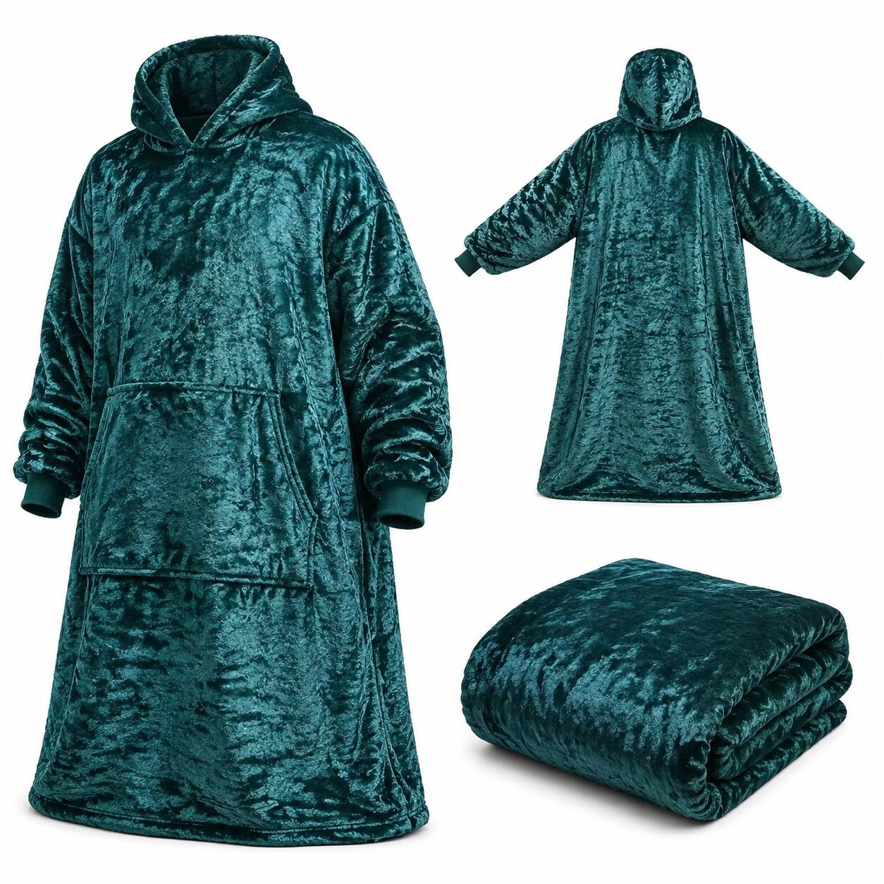 Back. Oumilen - Large Wearable Blanket Hoodie for Adults, Green Oversized Flannel Hooded Sweatshirt Blanket with Big Pocket 47.2in - Green.