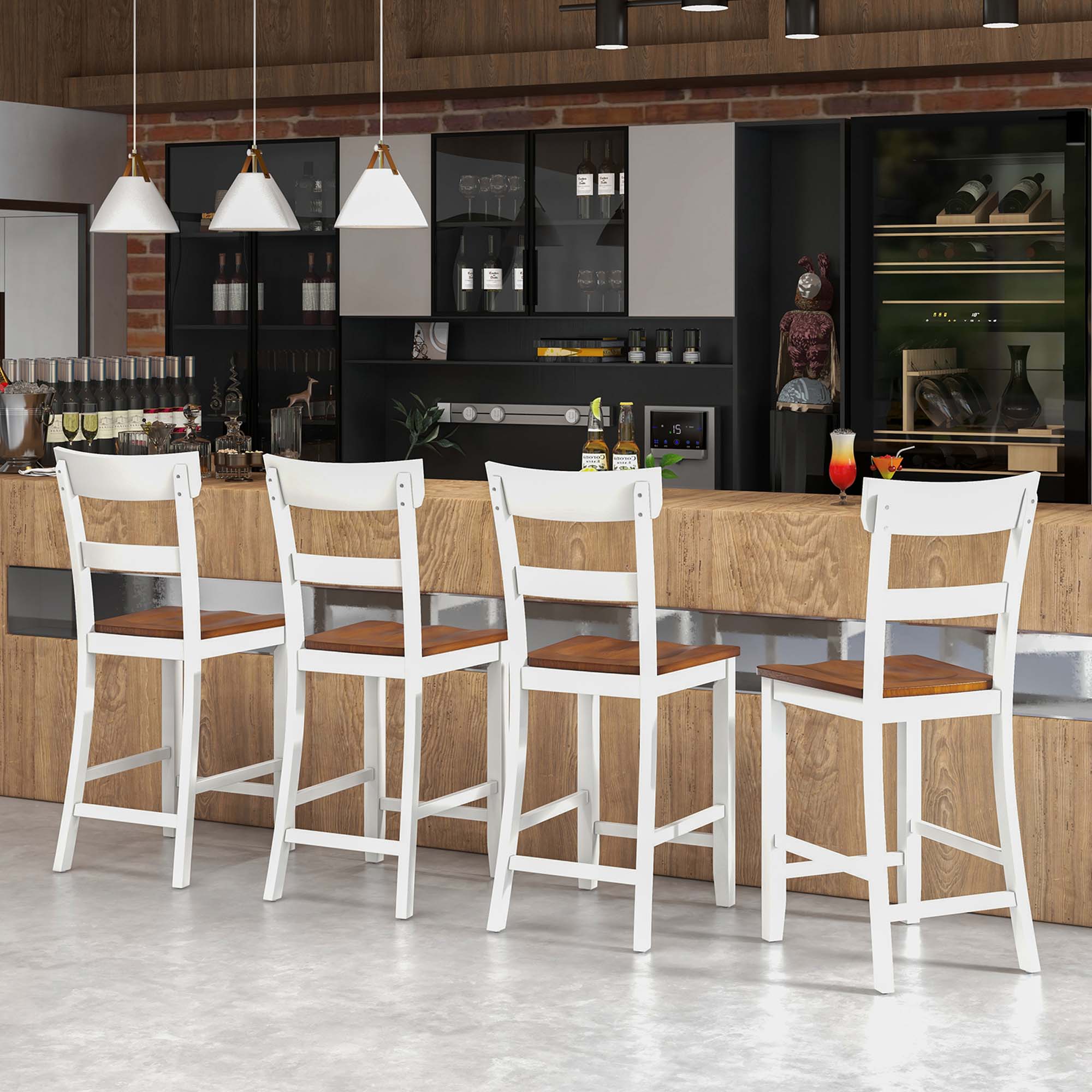 Alt View 1. Costway - Wooden Bar Stool Set of 2 Bar Chairs with LVL Rubber Wood Frame, Backrest, Footrest - White.