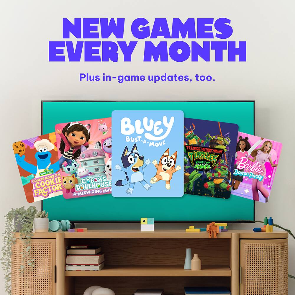 NEW GAMES EVERY MONTH  
Plus in-game updates, too.

- Bluey: Bust-A-Move
- Cookie Monster: Cookie Factor
- Gaby's Dollhouse: A-Meow-Zing Move
- Teenage Mutant Ninja Turtles: Turtles Top the World
- Barbie: Dance Party