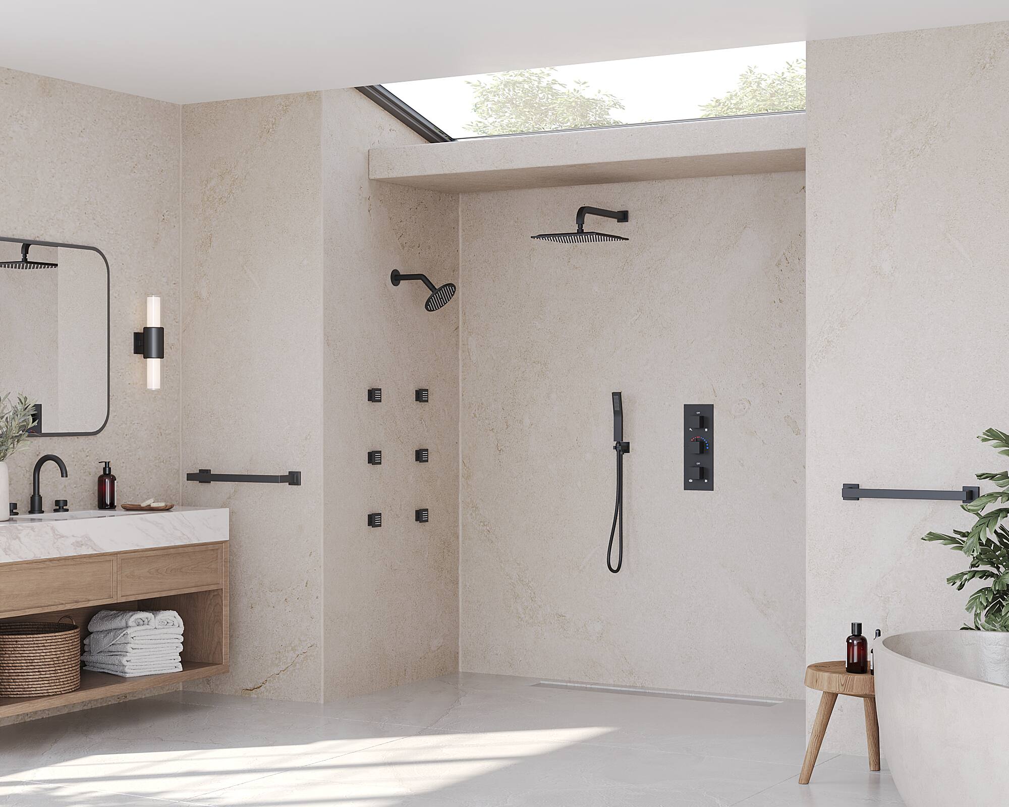 Left. GRANDJOY - 12" Rain Shower System with 6" Wall Shower, Handheld Sprayer, 6 Body Jets and Thermostatic Brass Valve Faucet Set - Matte Black.