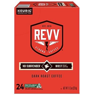 KEURIG GENUINE K-CUP PODS  
EST. 2010  
REVV  
STRONG COFFEE  
NO SURRENDER  
MOST COFFEE  
DARK ROAST COFFEE  
24 RECYCLABLE K-CUP PODS  
NET WT 11.3 OZ (321g)