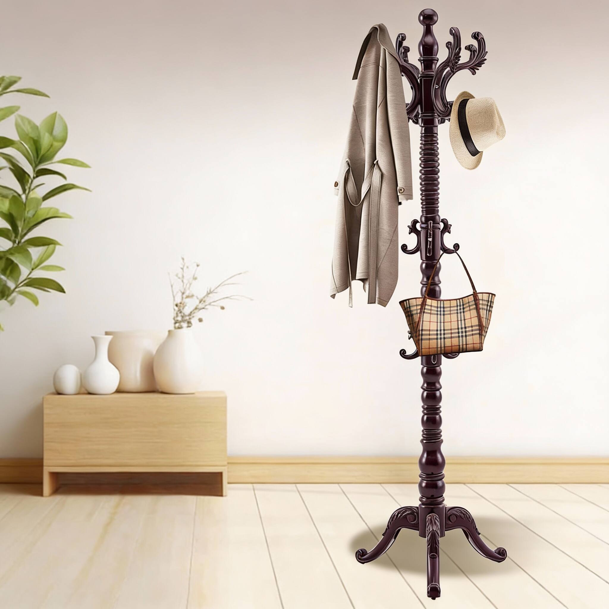 Alt View 3. Frangdom - Birch Wood Coat Rack 14 Hooks Adjustable Luxury Tree Stand - BROWN 18.9"D x 18.9"W x 70"H.