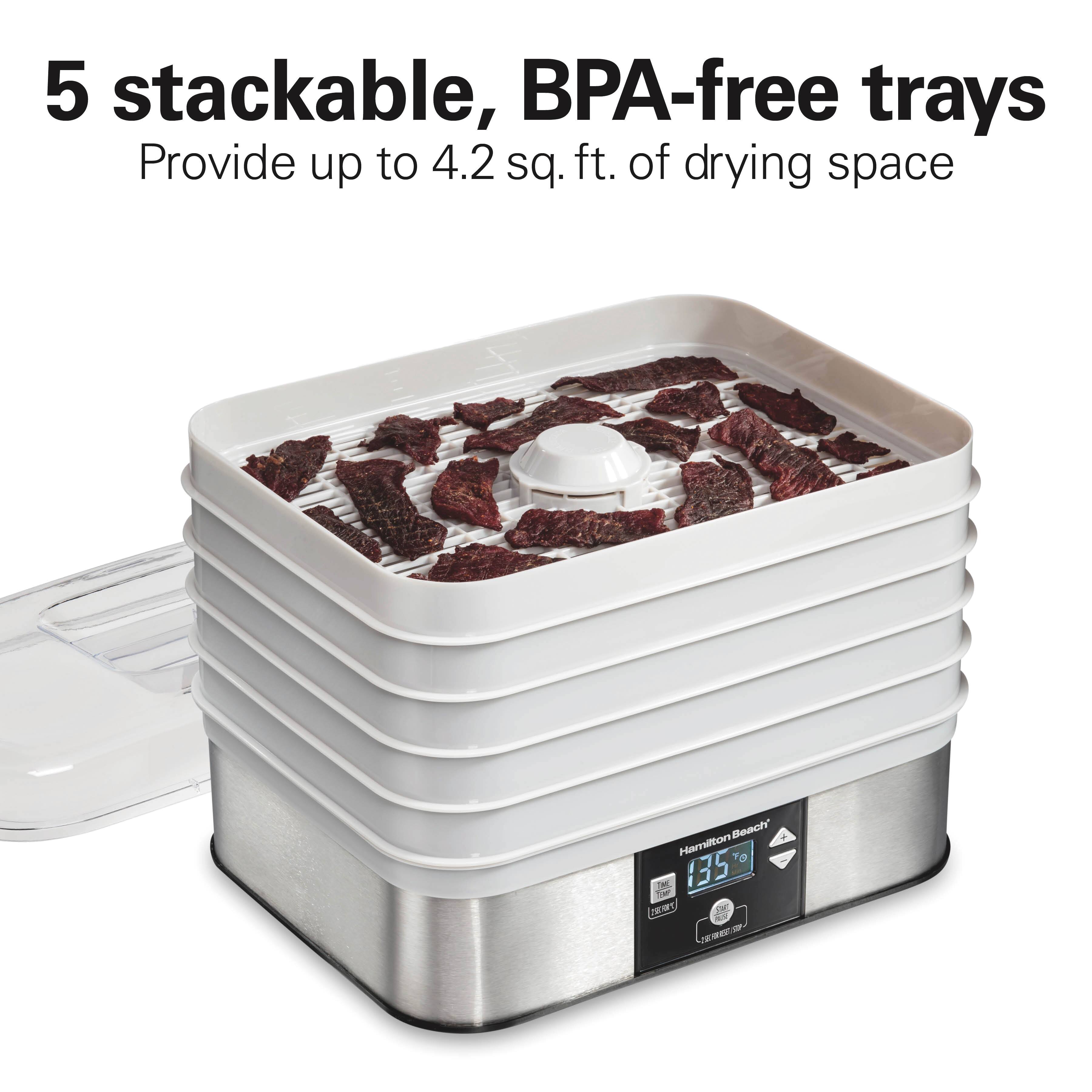 5 stackable, BPA-free trays  
Provide up to 4.2 sq. ft. of drying space