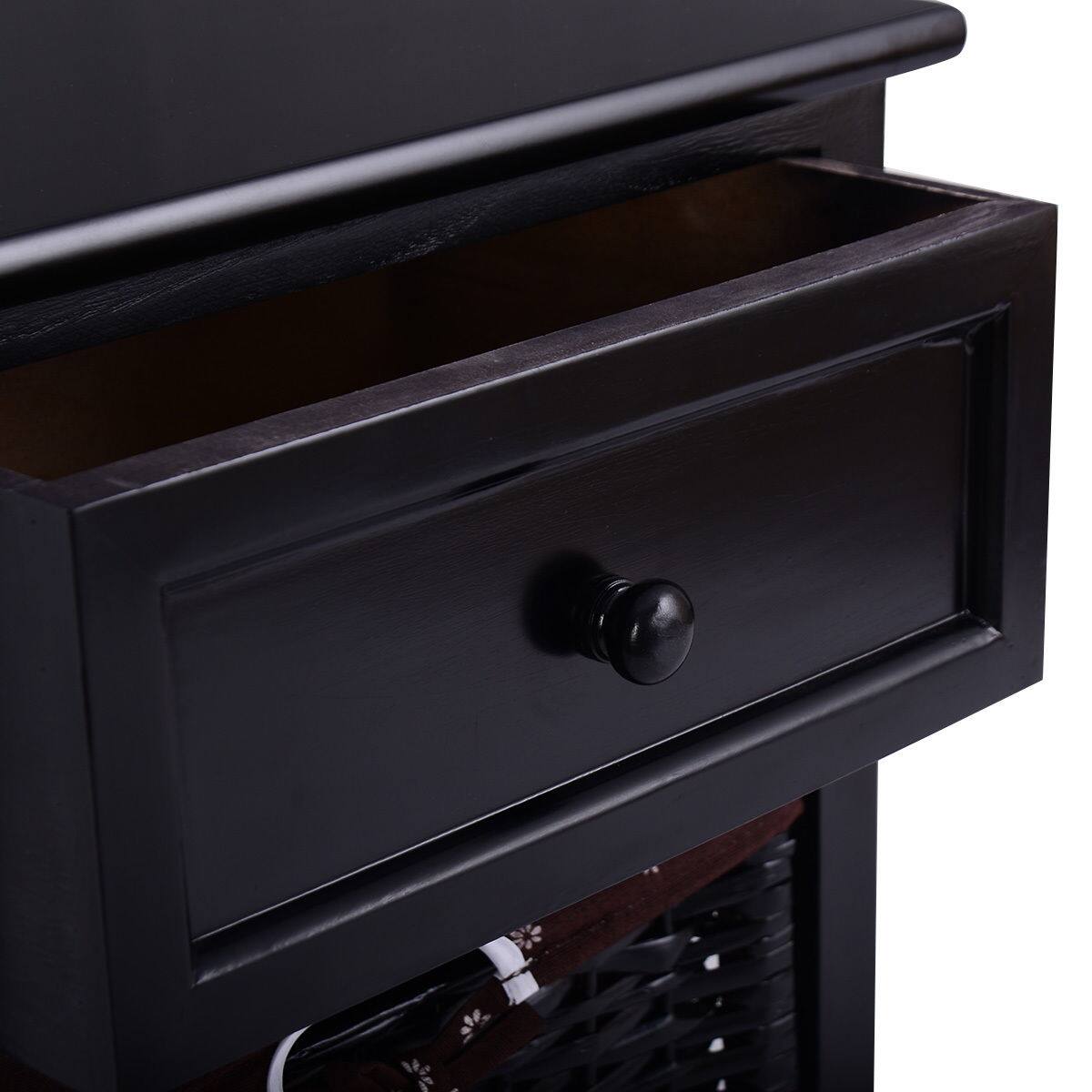 Alt View 7. Ecooso - 3-Tier Wooden Nightstand with Drawer and 2 Baskets Storage End Side Table for Bedroom - Black.