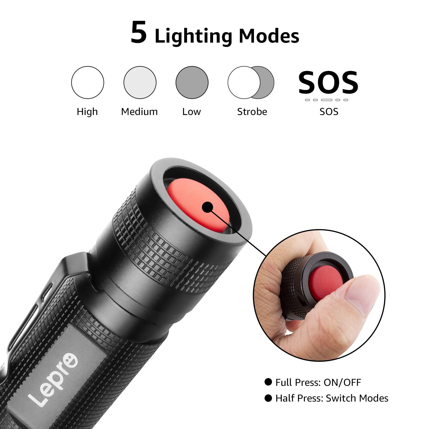 5 Lighting Modes

- High
- Medium
- Low
- Strobe
- SOS

Full Press: ON/OFF  
Half Press: Switch Modes