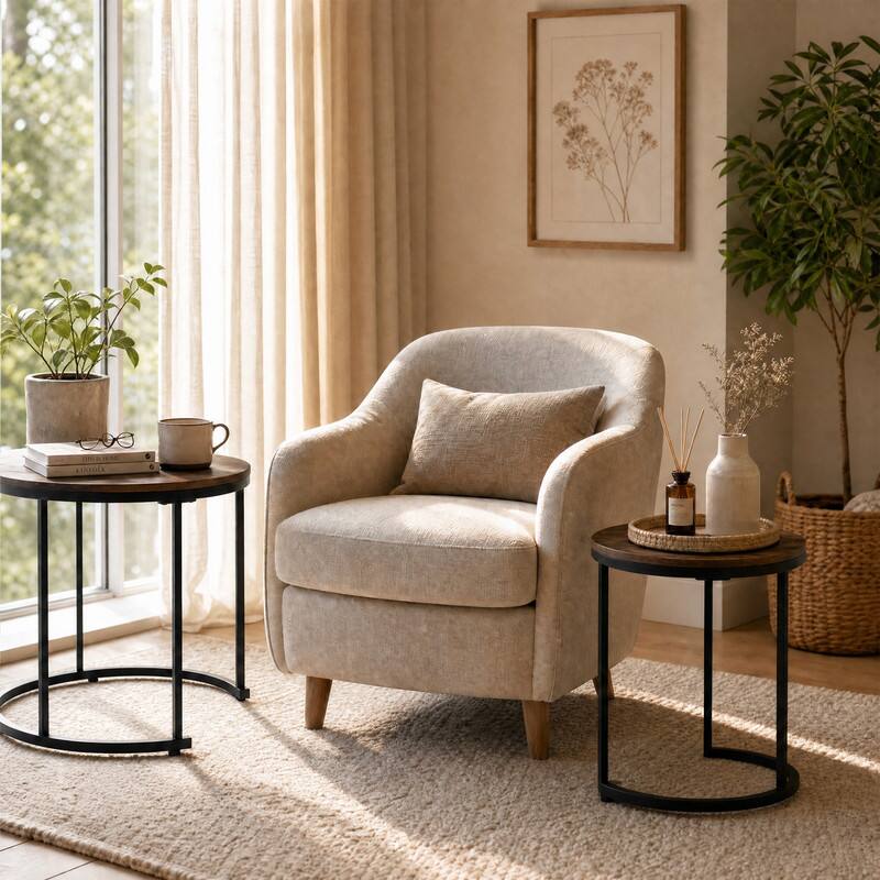 Left. WELLFOR - Modern Nesting Coffee Table Set of 2, 24 in Round Coffee Table for Small Place, End Side Tables Night Stand - Rustic Brown.