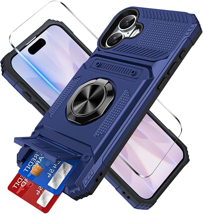 Gravity Ridge - for iPhone 17 Wallet Case with Card Holder 360°Ring Kickstand Military Grade Drop Shockproof Rugged Case - Blue