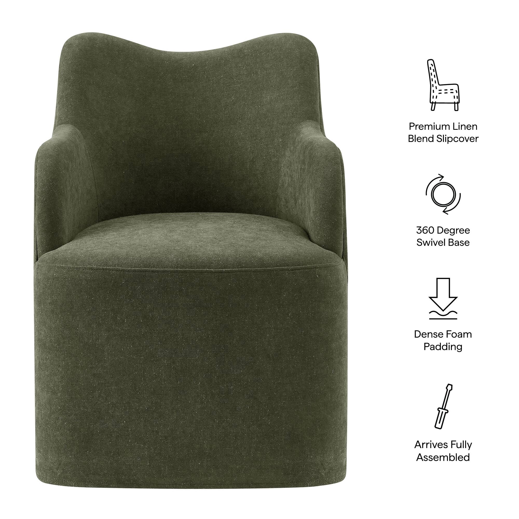 Premium Linen Blend Slipcover  
360 Degree Swivel Base  
Dense Foam Padding  
Arrives Fully Assembled