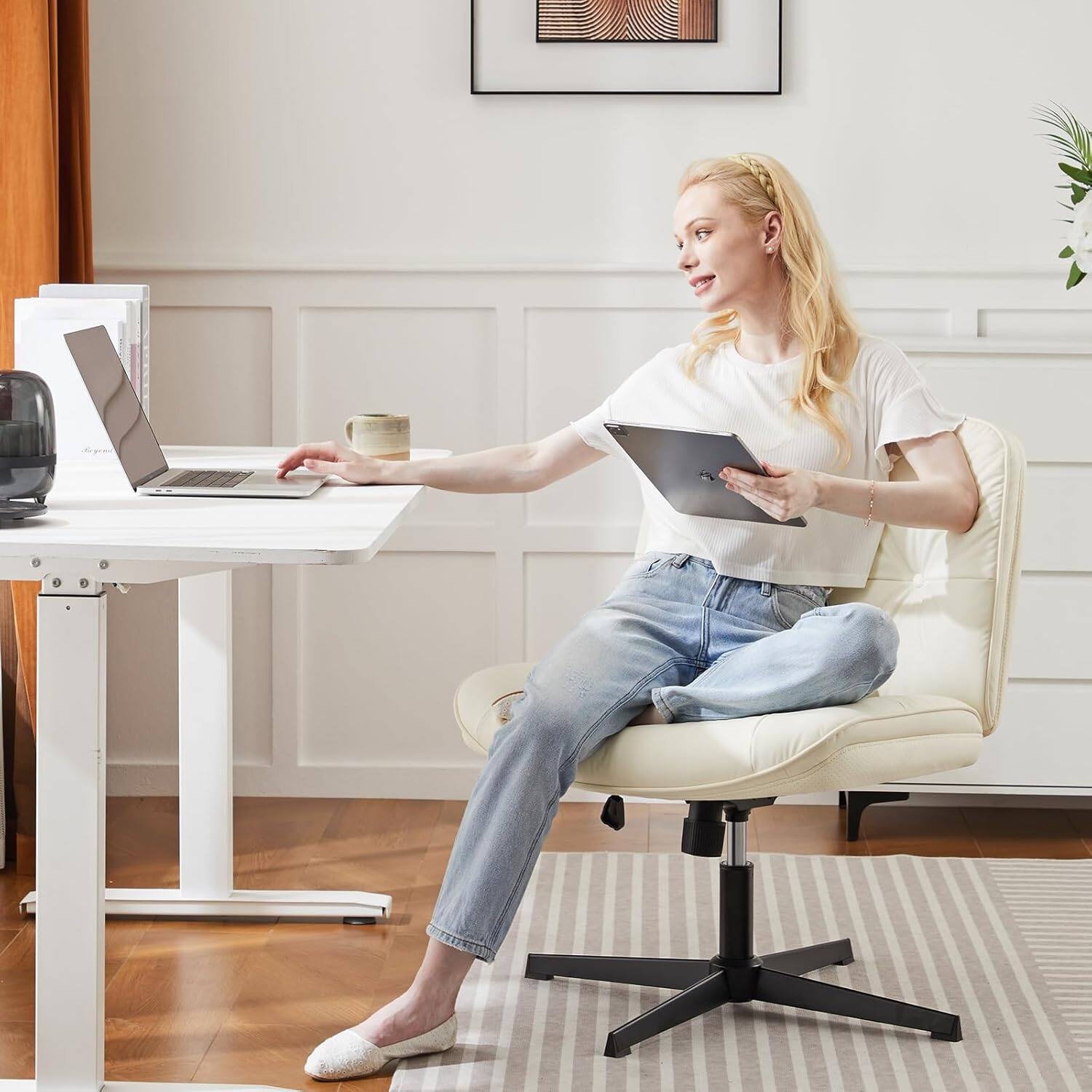 Angle. AOITUN - Criss Cross Leg Chair, Armless Desk, PU Leather Wide Armless Office Chair, Swivel Height Adjustable,No Wheels, White - Beige.