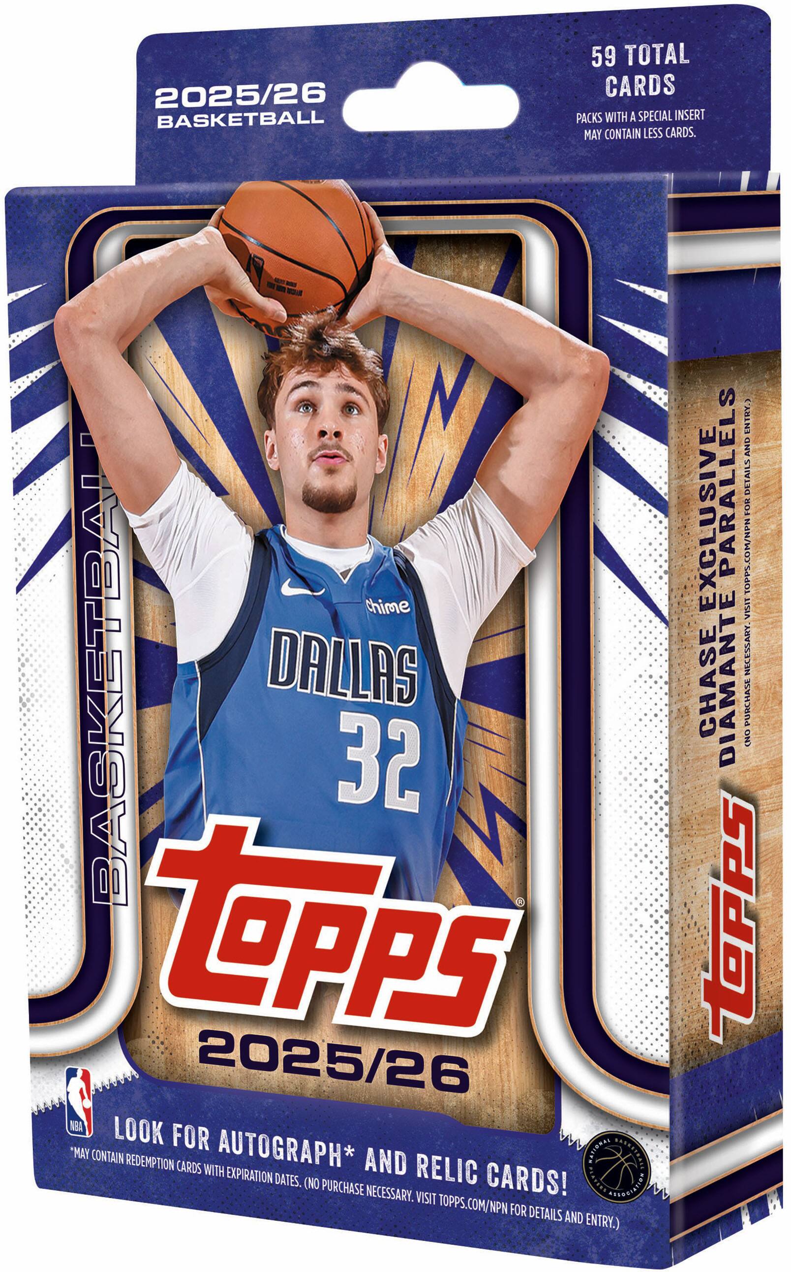 2025/26 Basketball  
59 Total Cards  
Packs with a special insert may contain less cards.  

Look for autograph* and relic cards!  
*May contain redemption cards with expiration dates. (No purchase necessary. Visit topps.com/NPN for details and entry.)  

Chase Diante Exclusive Parallels  
(No purchase necessary. Visit topps.com/NPN for details and entry.)  

Topps 2025/26