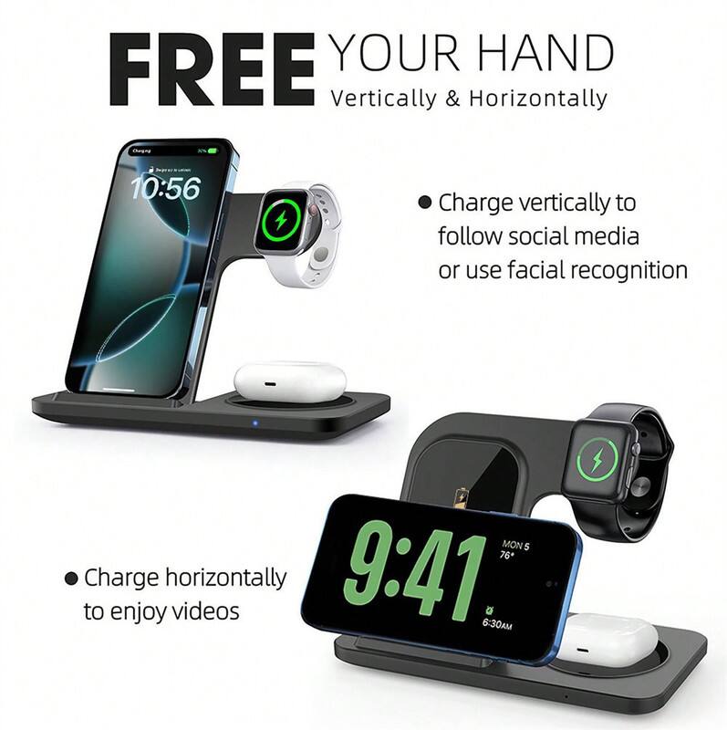 FREE YOUR HAND  
Vertically & Horizontally  

- Charge vertically to follow social media or use facial recognition  
- Charge horizontally to enjoy videos  

10:56  
9:41  
MON 5  
76°  
6:30 AM