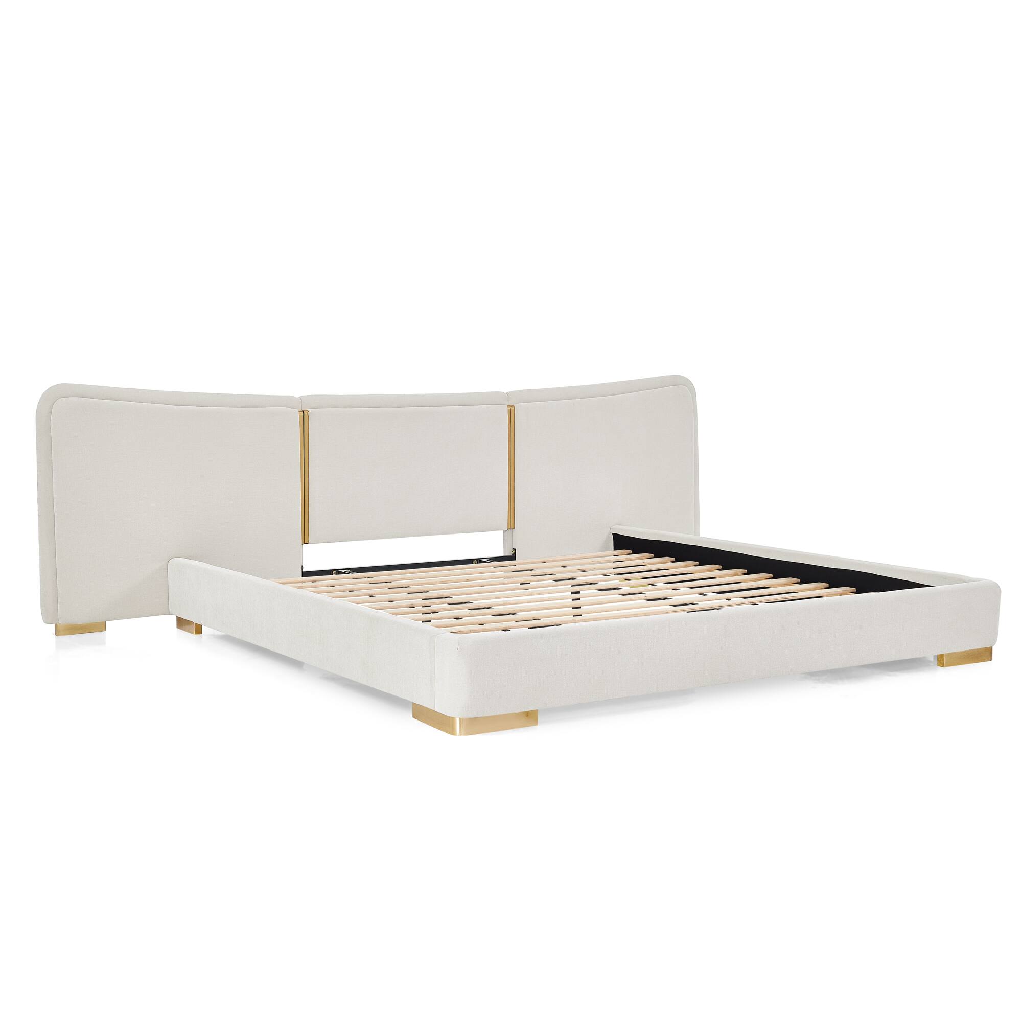 Back. Whisen - Upholstered Platform Bed,Soft Chenille Fabric Frame with Curved Headboard & Metal Legs - Beige.