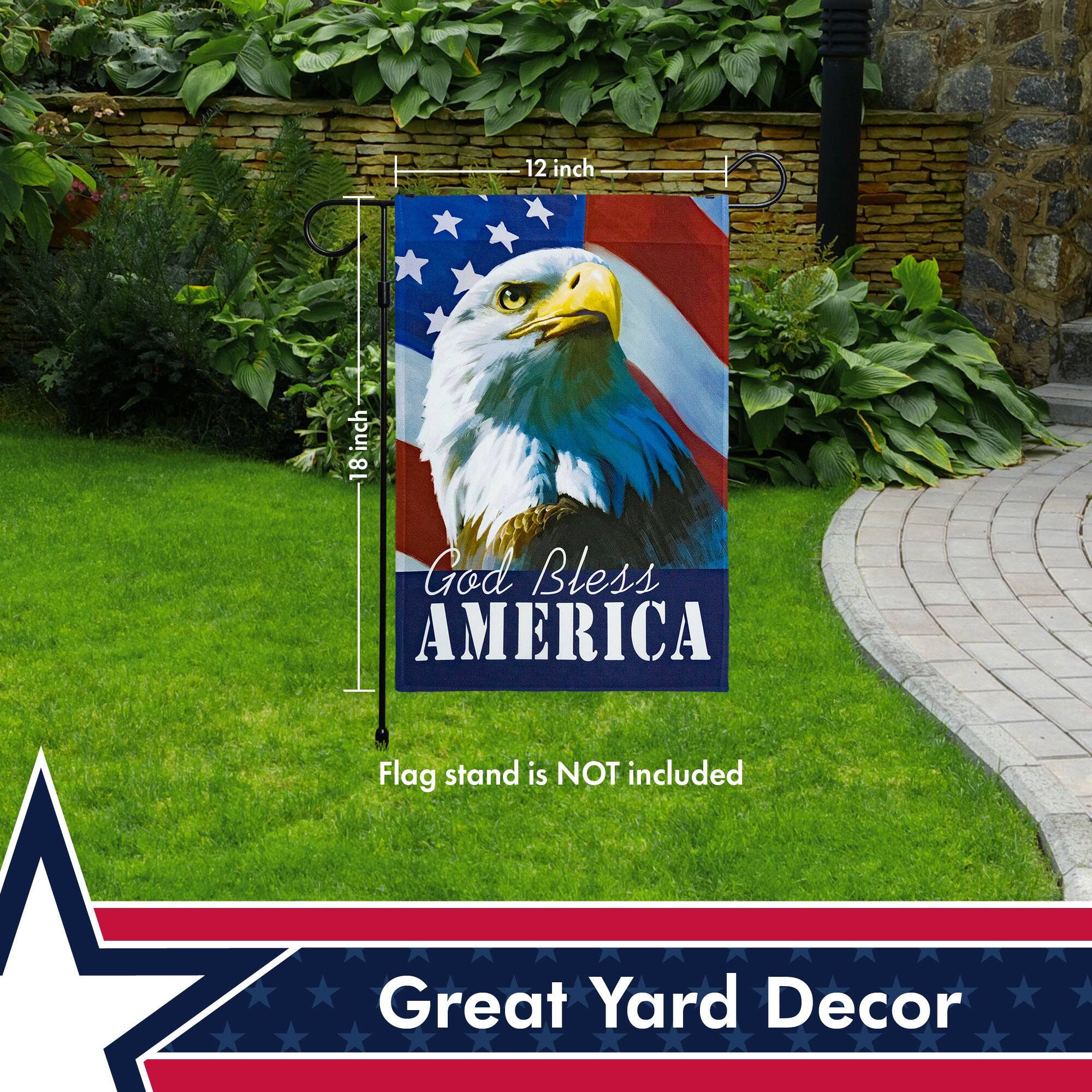 12 inch x 18 inch "God Bless AMERICA" Flag stand is NOT included Great Yard Decor