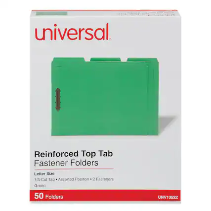 Universal
Reinforced Top Tab Fastener Folders
Letter Size
1/3-Cut Tab • Assorted Position • 2 Fasteners
Green
50 Folders
UNV13522