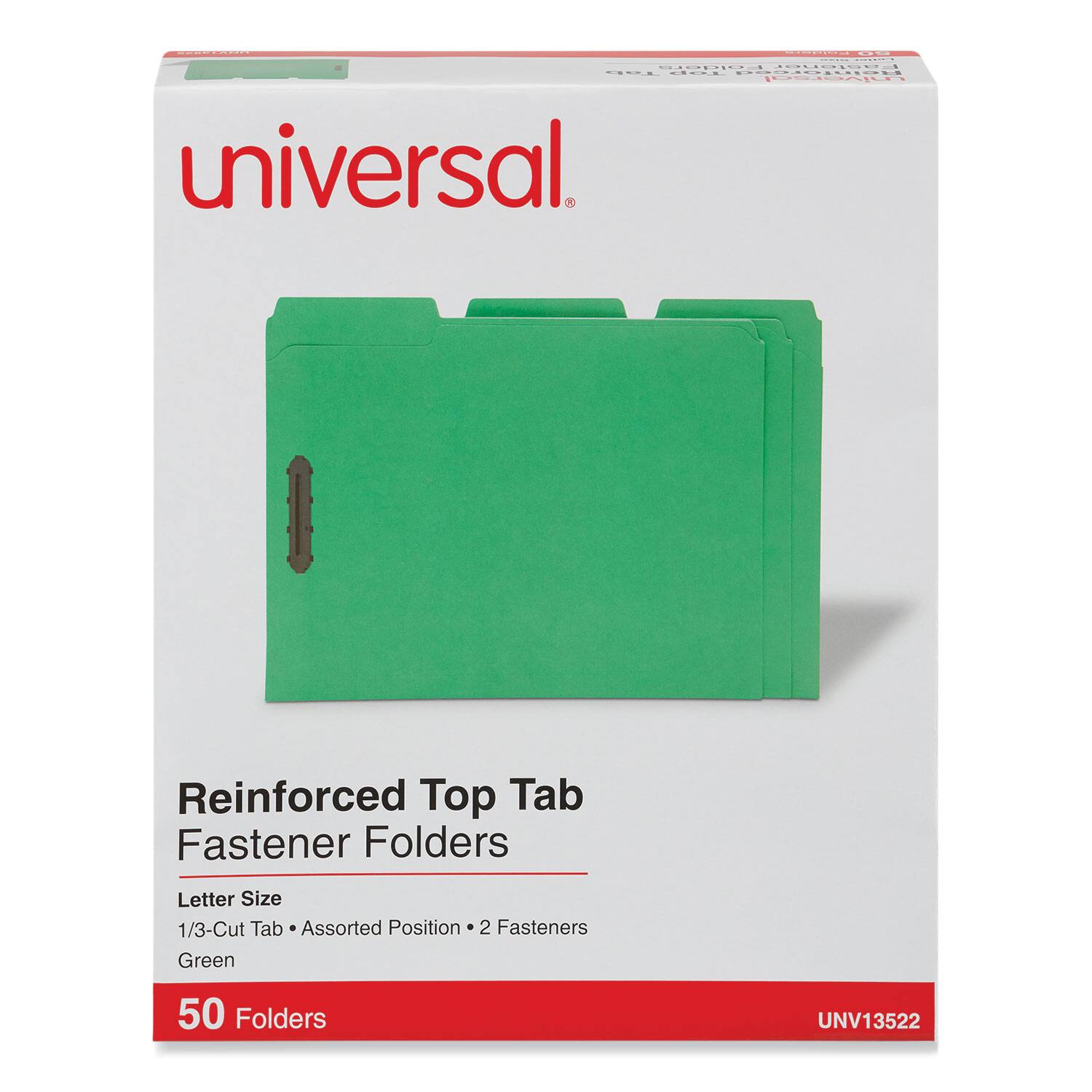 Universal  
Reinforced Top Tab Fastener Folders  
Letter Size  
1/3-Cut Tab • Assorted Position • 2 Fasteners  
Green  
50 Folders  
UNV13522