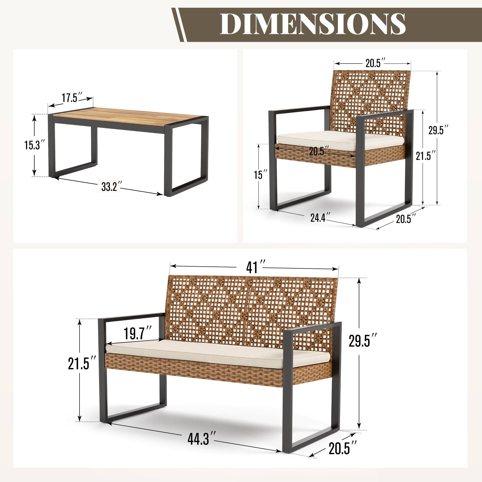 DIMENSIONS

- Table:
  - Width: 20.5"
  - Depth: 17.5"
  - Height: 15.3"
  - Length: 33.2"

- Chair:
  - Width: 20.5"
  - Depth: 21.5"
  - Height: 29.5"
  - Seat Height: 15"
  - Seat Depth: 20.5"
  - Back Height: 24.4"

- Bench:
  - Width: 41"
  - Depth: 21.5"
  - Height: 29.5"
  - Seat Height: 19.7"
  - Seat Depth: 20.5"
  - Length: 44.3"