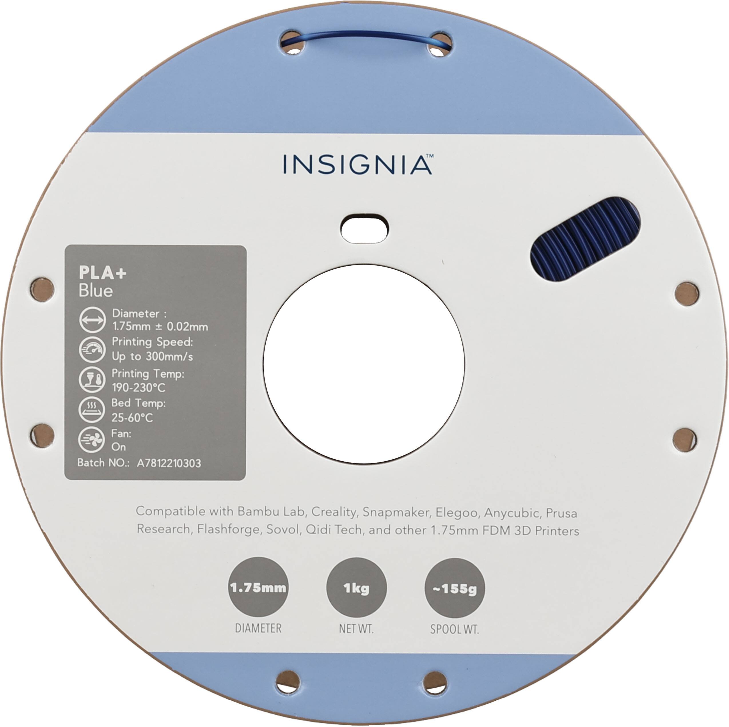 IM INSIGNIA PLA+ Blue  
Diameter: 1.75mm ± 0.02mm  
Printing Speed: Up to 300mm/s  
Printing Temp: 190-230°C  
Bed Temp: 25-60°C  
Fan: On  
Batch NO.: A7812210303  
Compatible with Bambu Lab, Creality, Snapmaker, Elegoo, Anycubic, Prusa Research, Flashforge, Sovol, Qidi Tech, and other 1.75mm FDM 3D Printers  
1.75mm  
1kg ~155g  
DIAMETER NET WT. SPOOL WT.