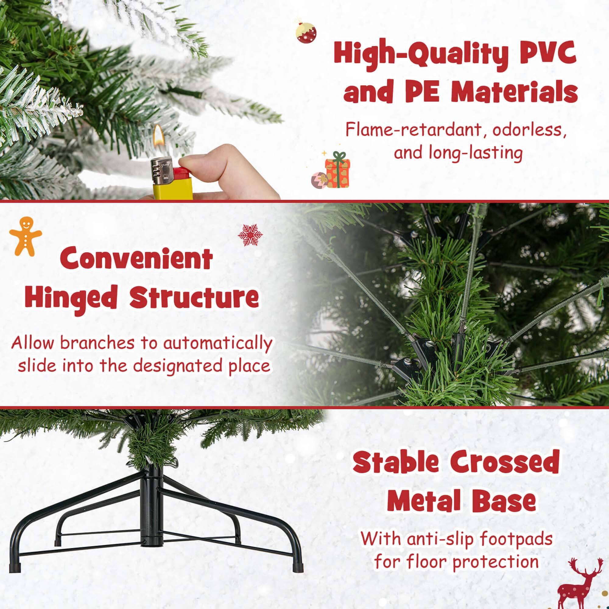 High-Quality PVC and PE Materials: Flame-retardant, odorless, and long-lasting. Convenient Hinged Structure: Allow branches to automatically slide into the designated place. Stable Crossed Metal Base: With anti-slip footpads for floor protection.