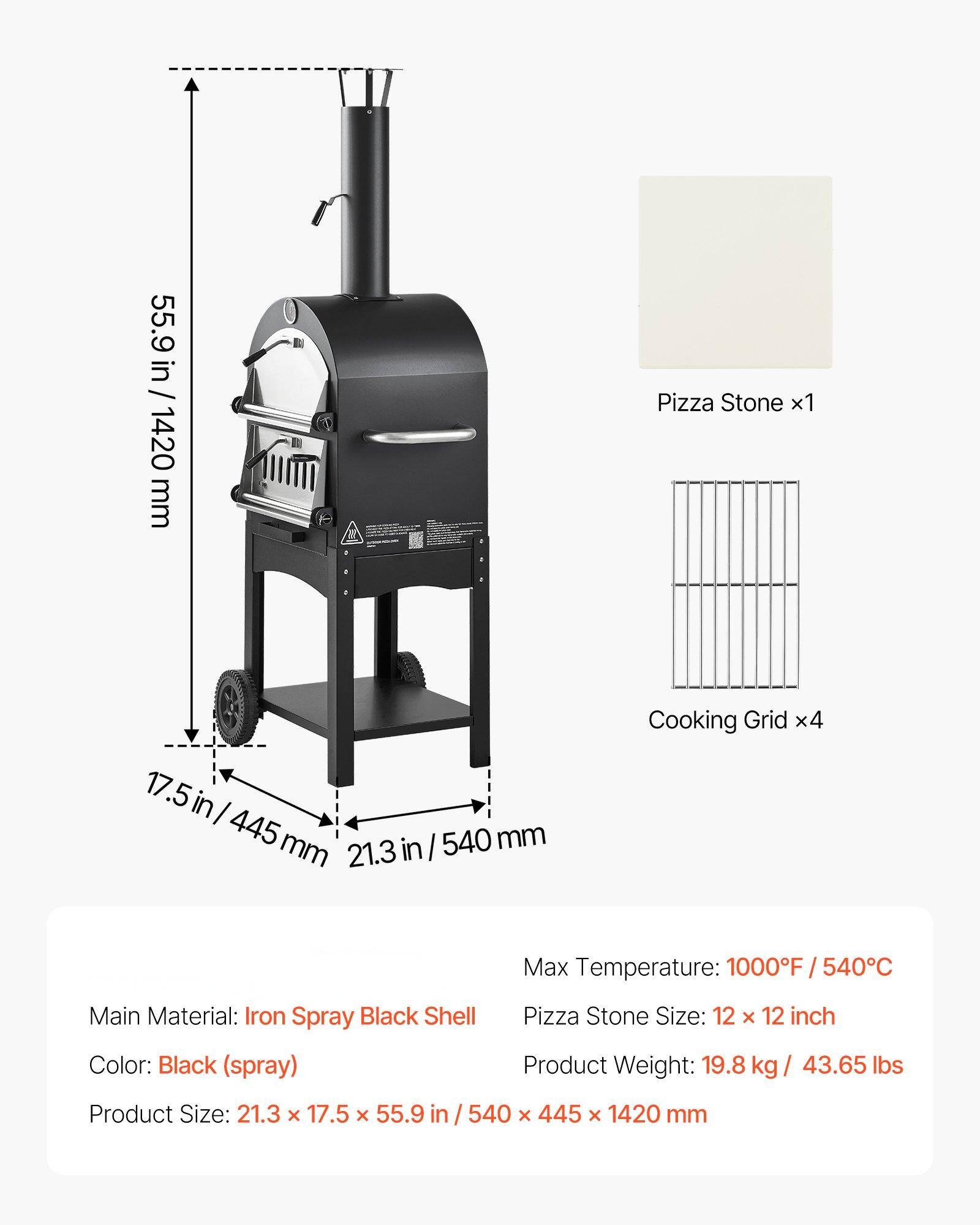 - Main Material: Iron Spray Black Shell
- Color: Black (spray)
- Product Size: 21.3 x 17.5 x 55.9 in / 540 x 445 x 1420 mm
- Max Temperature: 1000°F / 540°C
- Pizza Stone Size: 12 x 12 inch
- Product Weight: 19.8 kg / 43.65 lbs
- Pizza Stone x1
- Cooking Grid x4