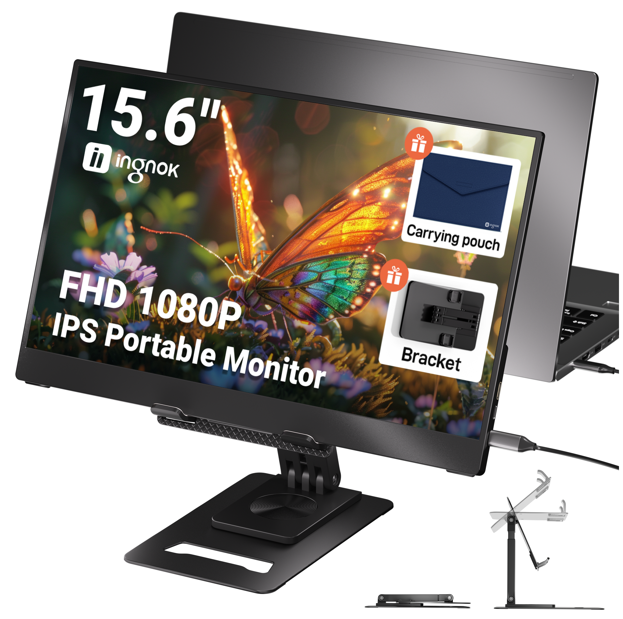 Ingnok - 15.6" Portable Monitor - FHD 1080p USB-C with Adjustable Stand, Mini HDMI and VESA