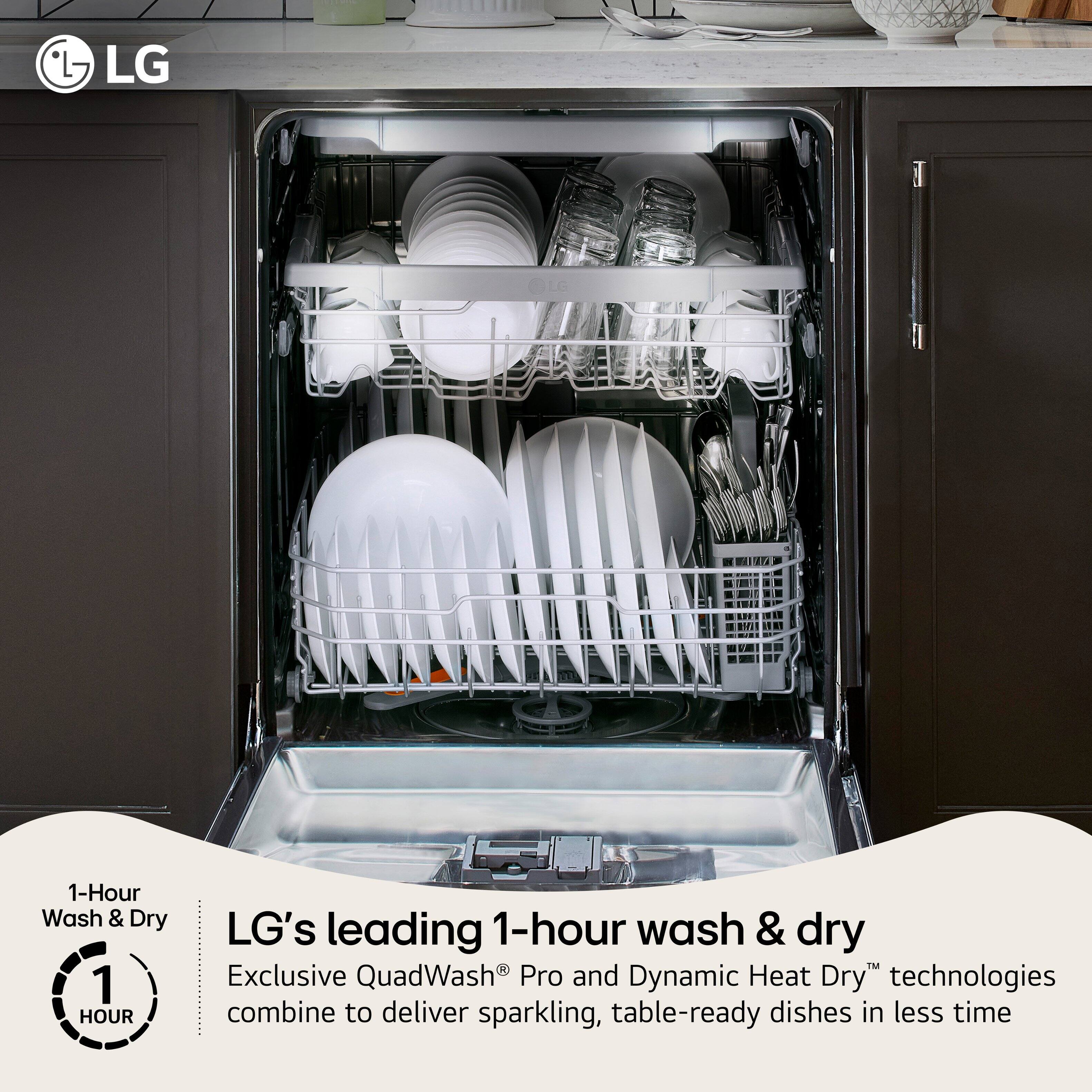 LG's leading 1-hour wash & dry  
Exclusive QuadWash® Pro and Dynamic Heat Dry™ technologies combine to deliver sparkling, table-ready dishes in less time