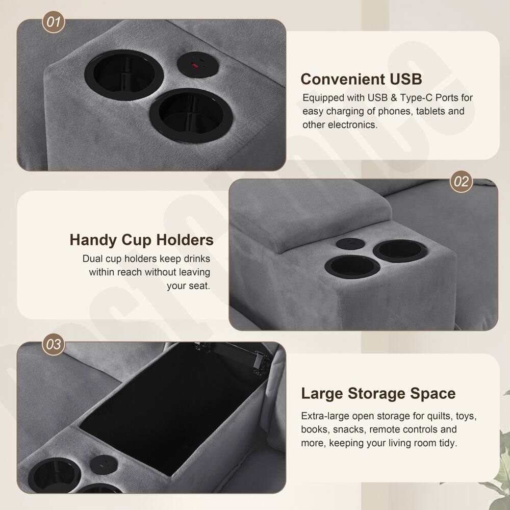 01 Convenient USB  
Equipped with USB & Type-C Ports for easy charging of phones, tablets and other electronics.

02 Handy Cup Holders  
Dual cup holders keep drinks within reach without leaving your seat.

03 Large Storage Space  
Extra-large open storage for quilts, toys, books, snacks, remote controls and more, keeping your living room tidy.