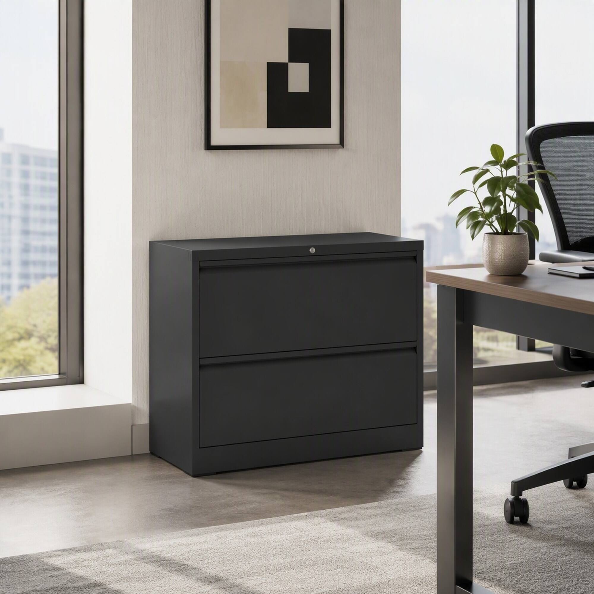 Angle. RYHNUYNE - 2 Drawer Lateral File Cabinet with Lock – Heavy-Duty Metal Filing Cabinet for Home Office.