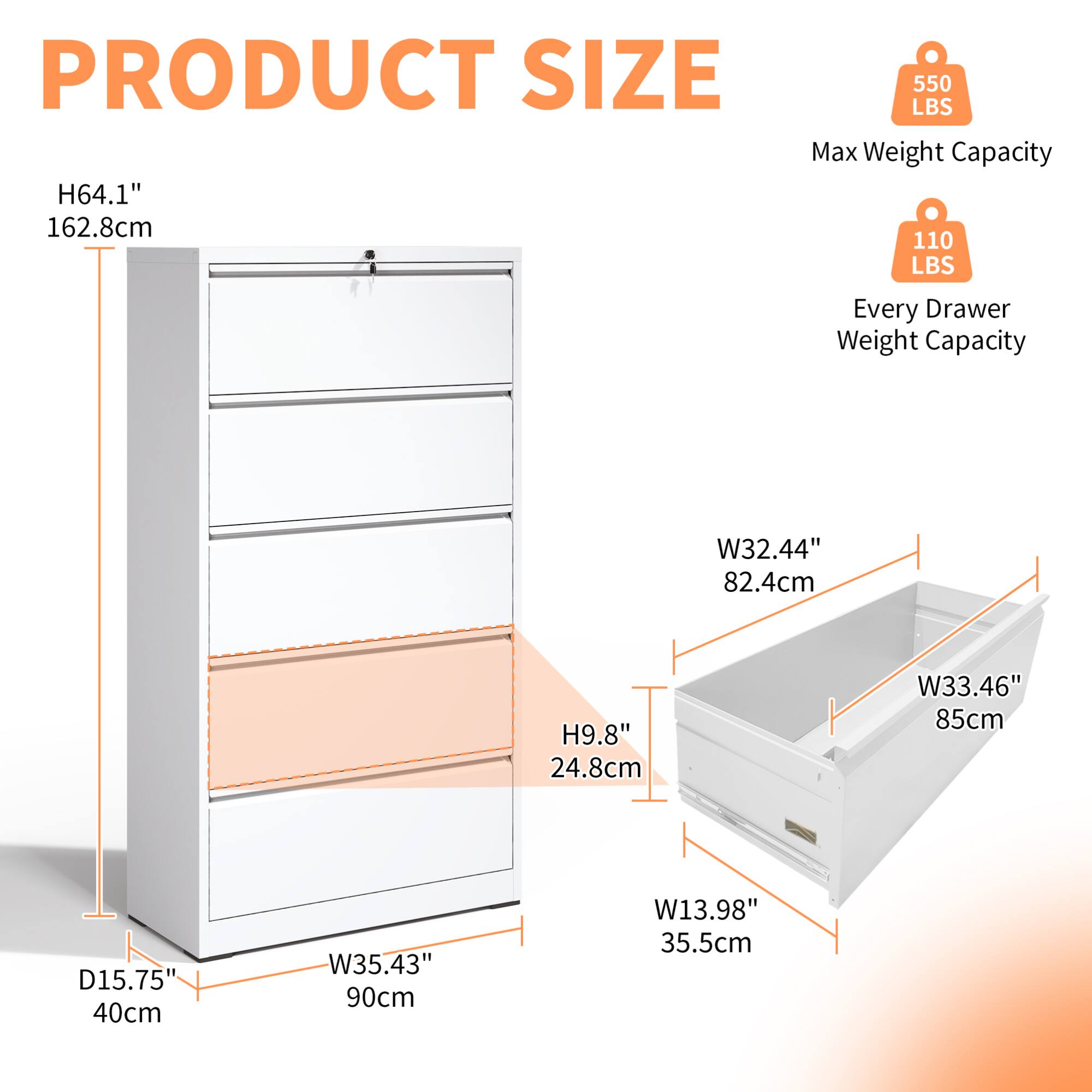 PRODUCT SIZE

H64.1" 162.8cm  
W35.43" 90cm  
D15.75" 40cm  

Max Weight Capacity: 550 LBS  
Every Drawer Weight Capacity: 110 LBS  

Drawer Dimensions:  
W32.44" 82.4cm  
H9.8" 24.8cm  
W33.46" 85cm  
W13.98" 35.5cm