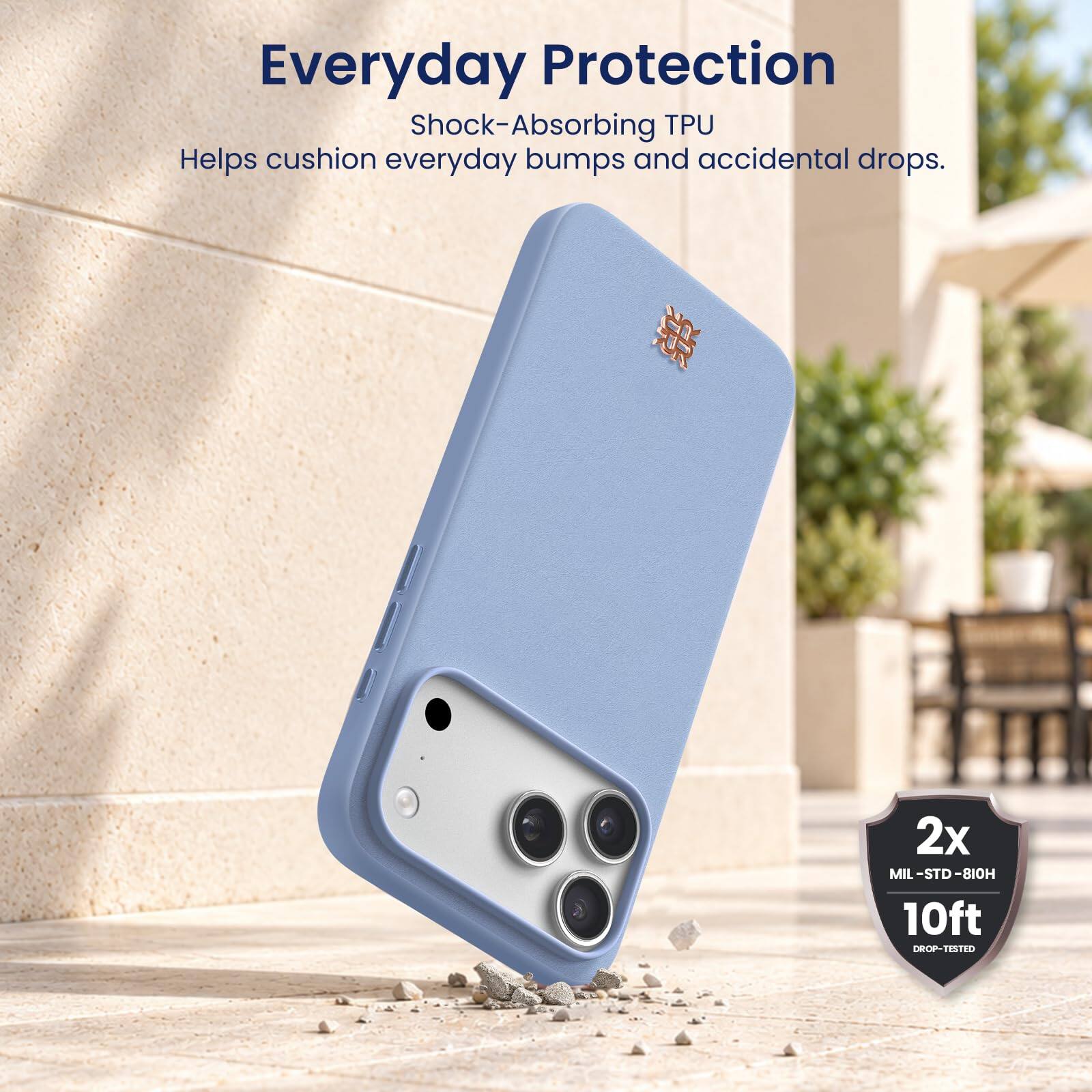 Everyday Protection  
Shock-Absorbing TPU  
Helps cushion everyday bumps and accidental drops.  

2x MIL-STD-810H 10ft DROP-TESTED