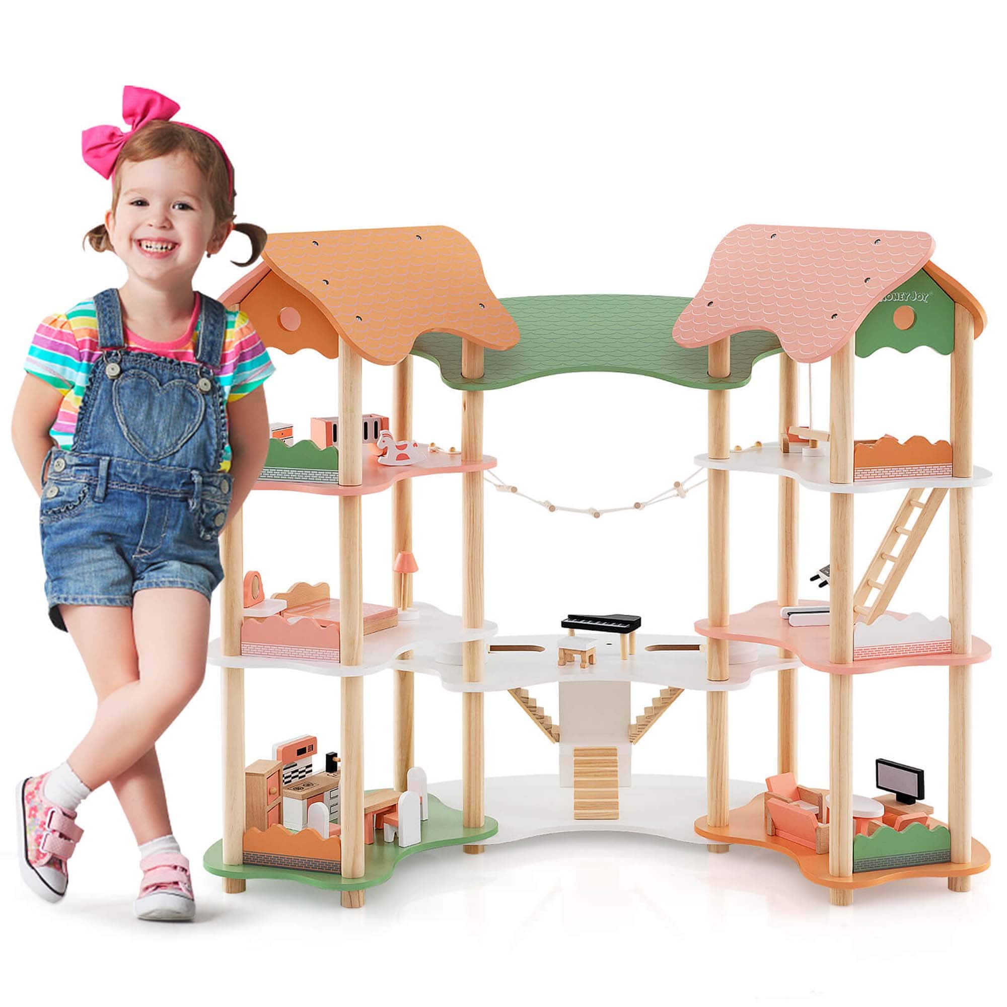 Costway - 6Kids Wooden Dollhouse Aged 3-8 Years Old with 32PCS Realistic Furniture Accessories - Multicolour