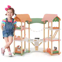 Costway - 6Kids Wooden Dollhouse Aged 3-8 Years Old with 32PCS Realistic Furniture Accessories - Multicolour