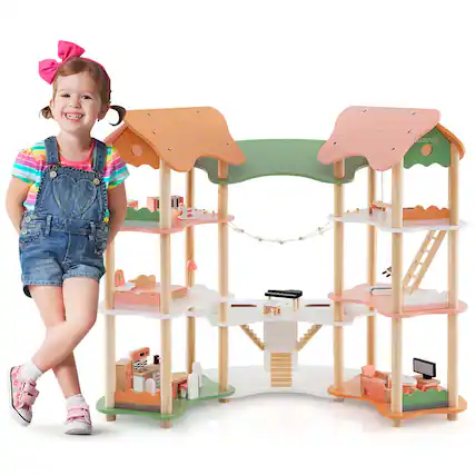 Front. Costway - Costway 6Kids Wooden Dollhouse Aged 3-8 Years Old with 32PCS Realistic Furniture Accessories - Multicolour.