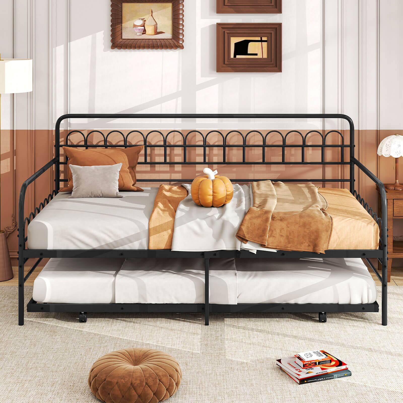 Alt View 3. Costway - Costway Twin Daybed with Trundle Curved Backrest & Armrests Heavy-duty Metal Slats - Black.
