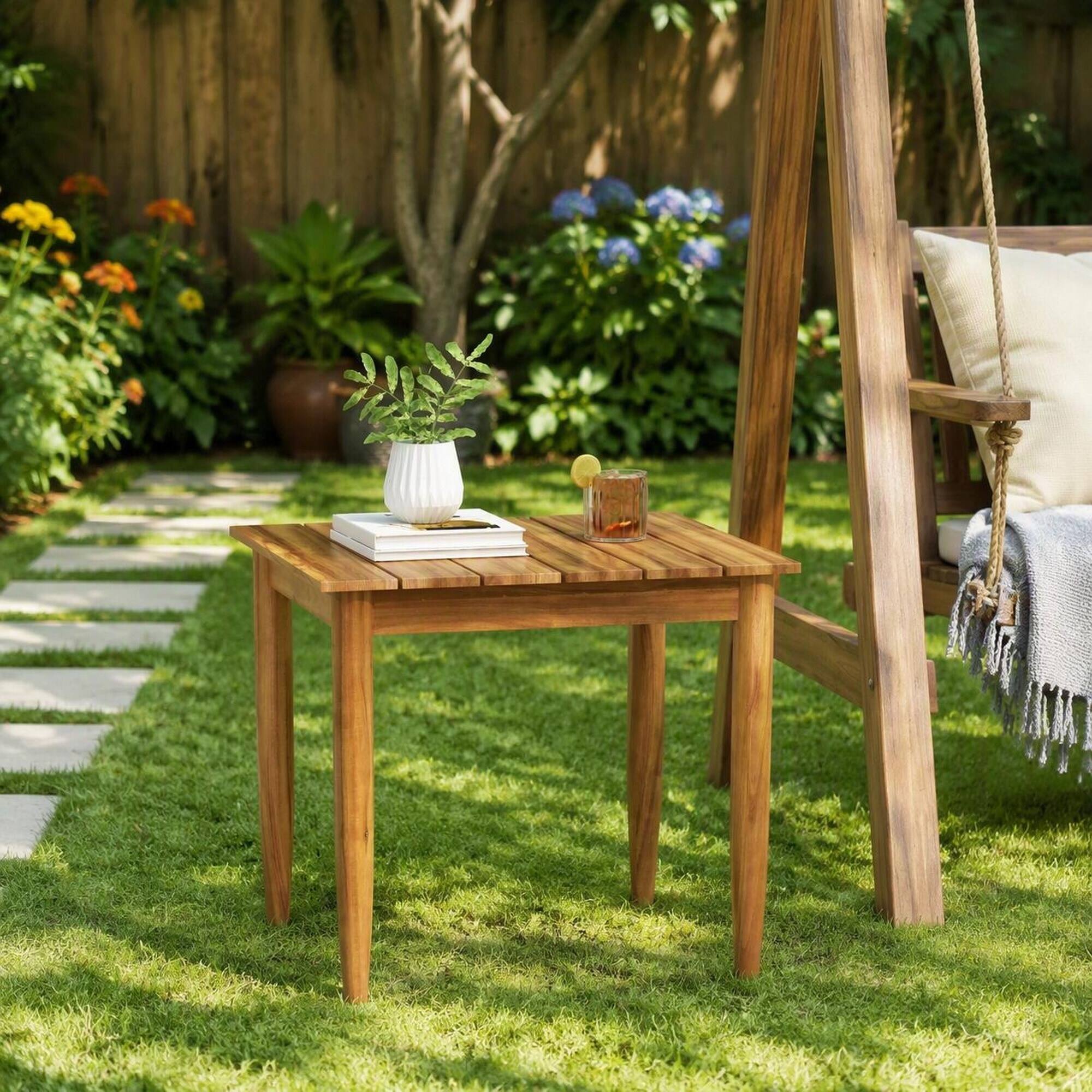 Alt View 2. RYHNUYNE - Wood Outdoor Side Table,Square Patio End Table for Backyard Porch Deck - Teak.