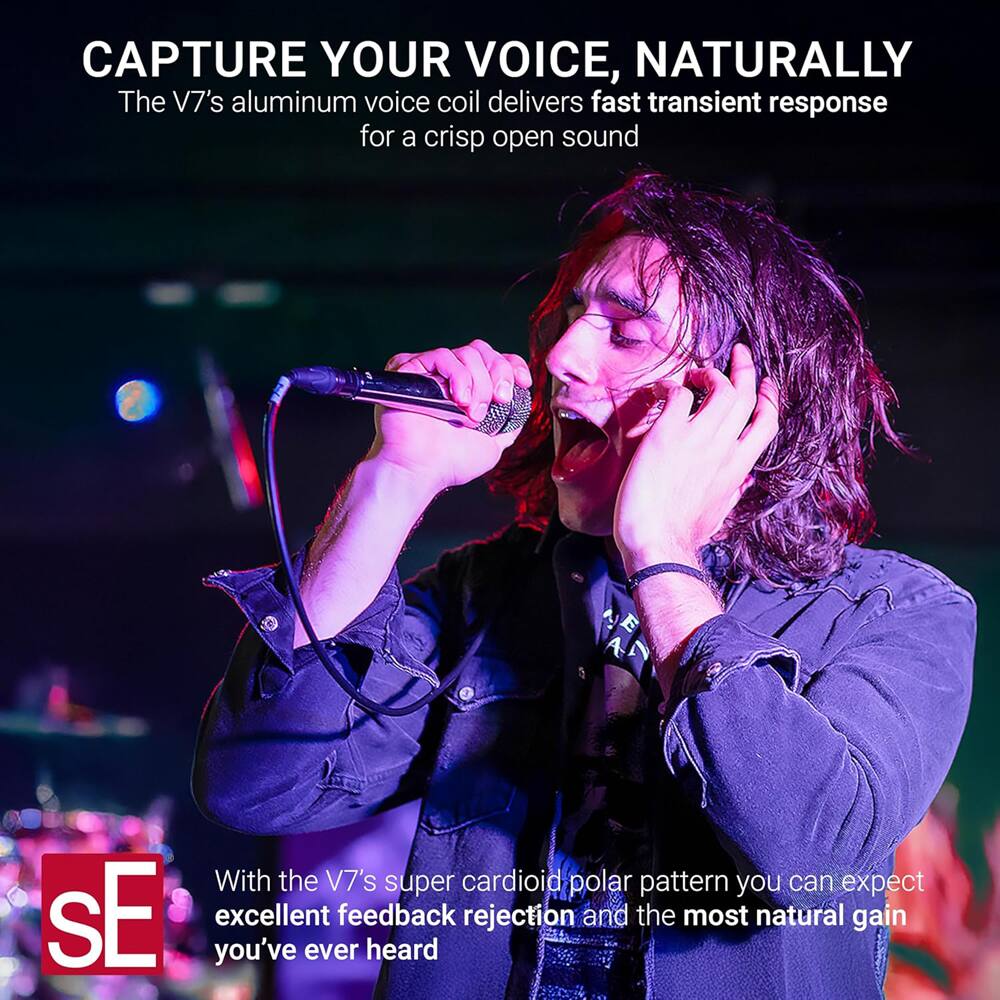 CAPTURE YOUR VOICE, NATURALLY

The V7's aluminum voice coil delivers fast transient response for a crisp open sound

With the V7's super cardioid polar pattern you can expect excellent feedback rejection and the most natural gain you've ever heard