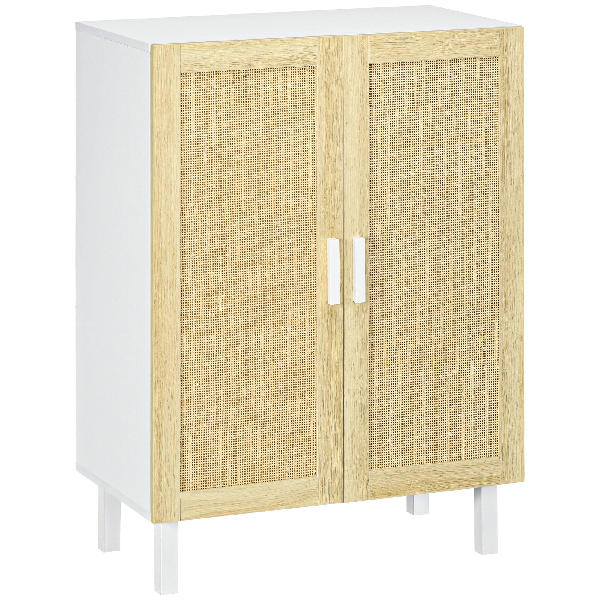 Front. Homcom - Sideboard Buffet Cabinet, Coffee Bar Cabinet with 2 Rattan Doors and Adjustable Shelves for Kitchen, Living Room - White and Natural.
